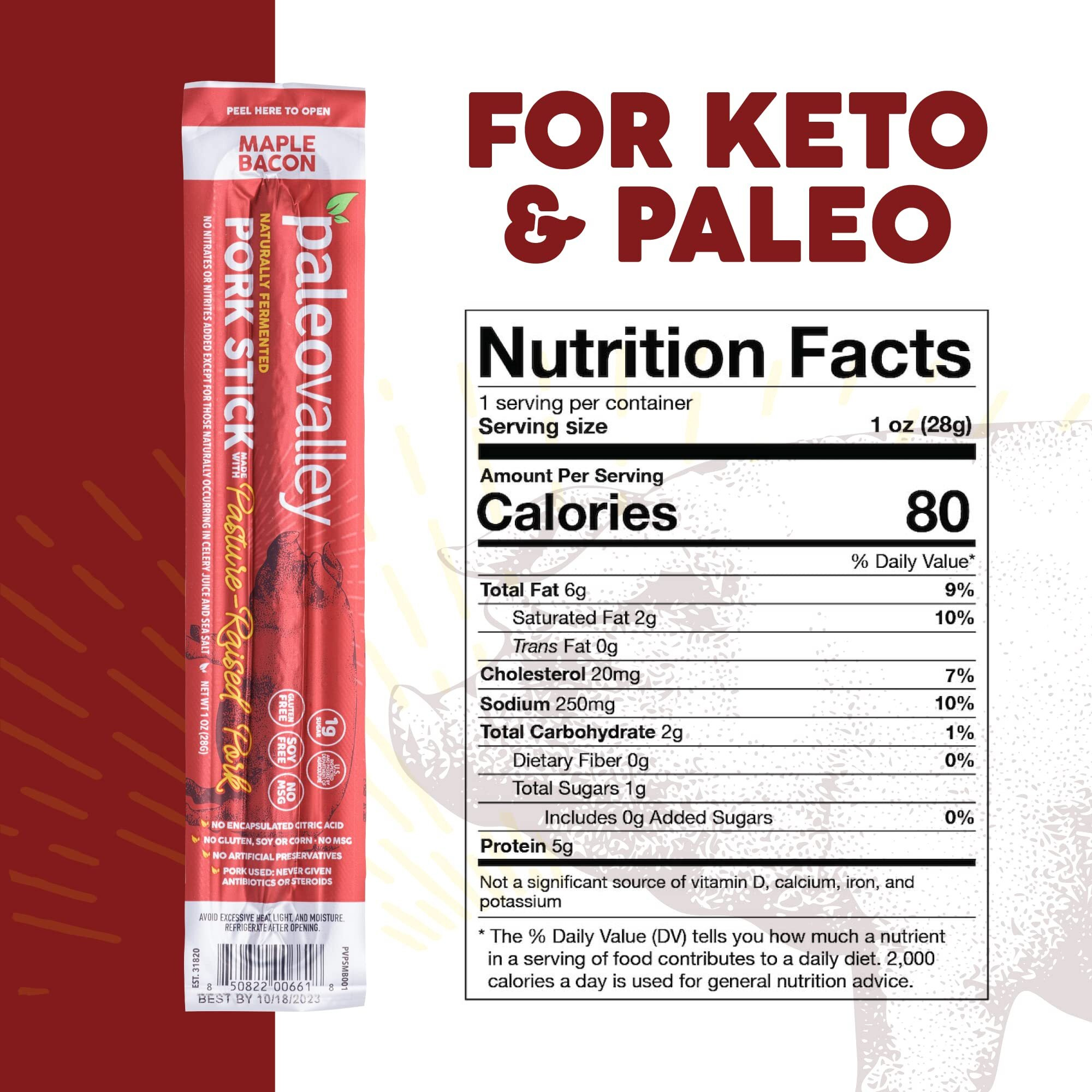 Paleovalley Pasture-Raised Pork Sticks - Maple Bacon Flavor Meat Sticks Individually Wrapped, 28G - 10 Sticks - Gluten-Free Protein Snack