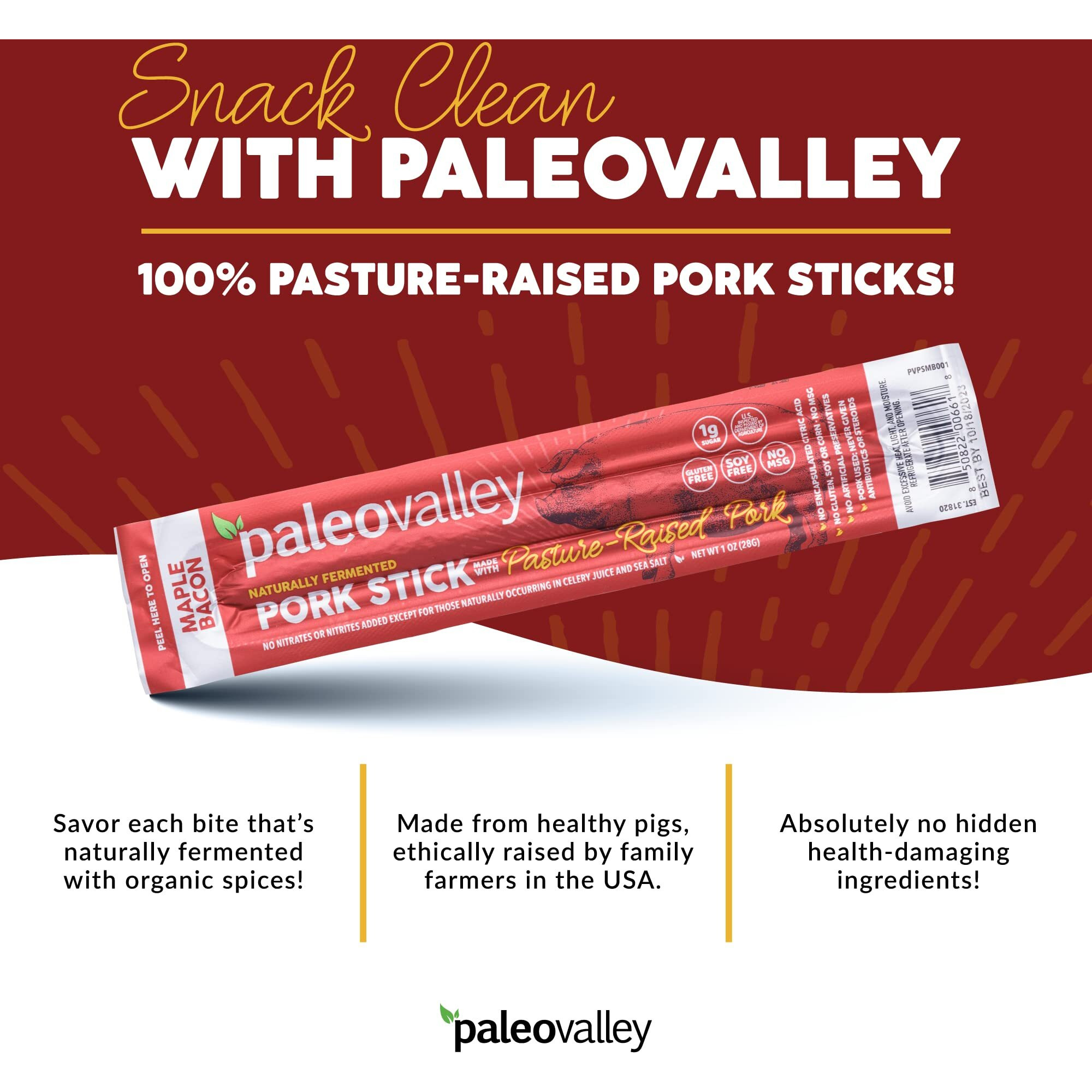 Paleovalley Pasture-Raised Pork Sticks - Maple Bacon Flavor Meat Sticks Individually Wrapped, 28G - 10 Sticks - Gluten-Free Protein Snack