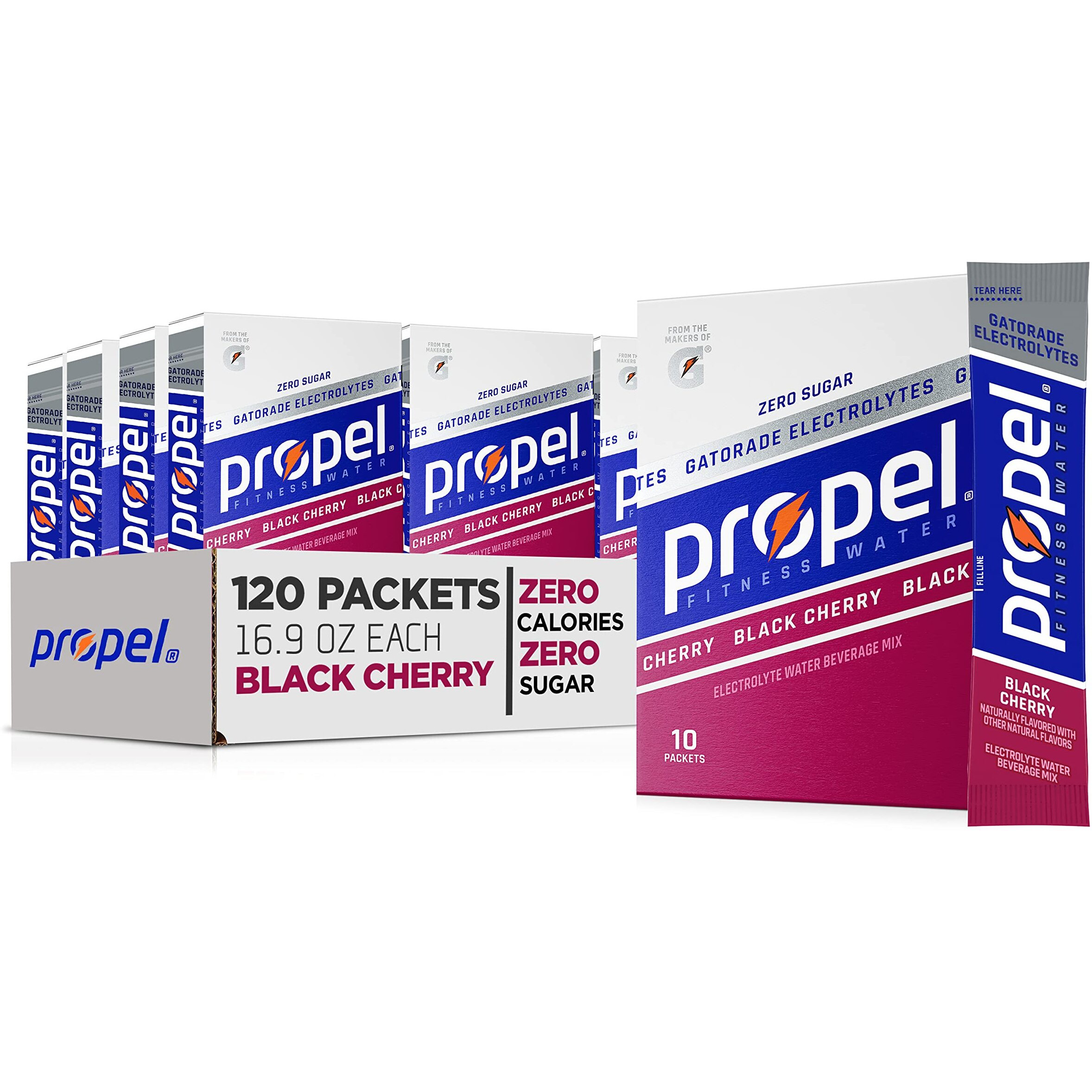 Propel Powder Packets, Black Cherry With Electrolytes, Vitamins And No Sugar (Packaging May Vary), 10 Count (Pack Of 12)