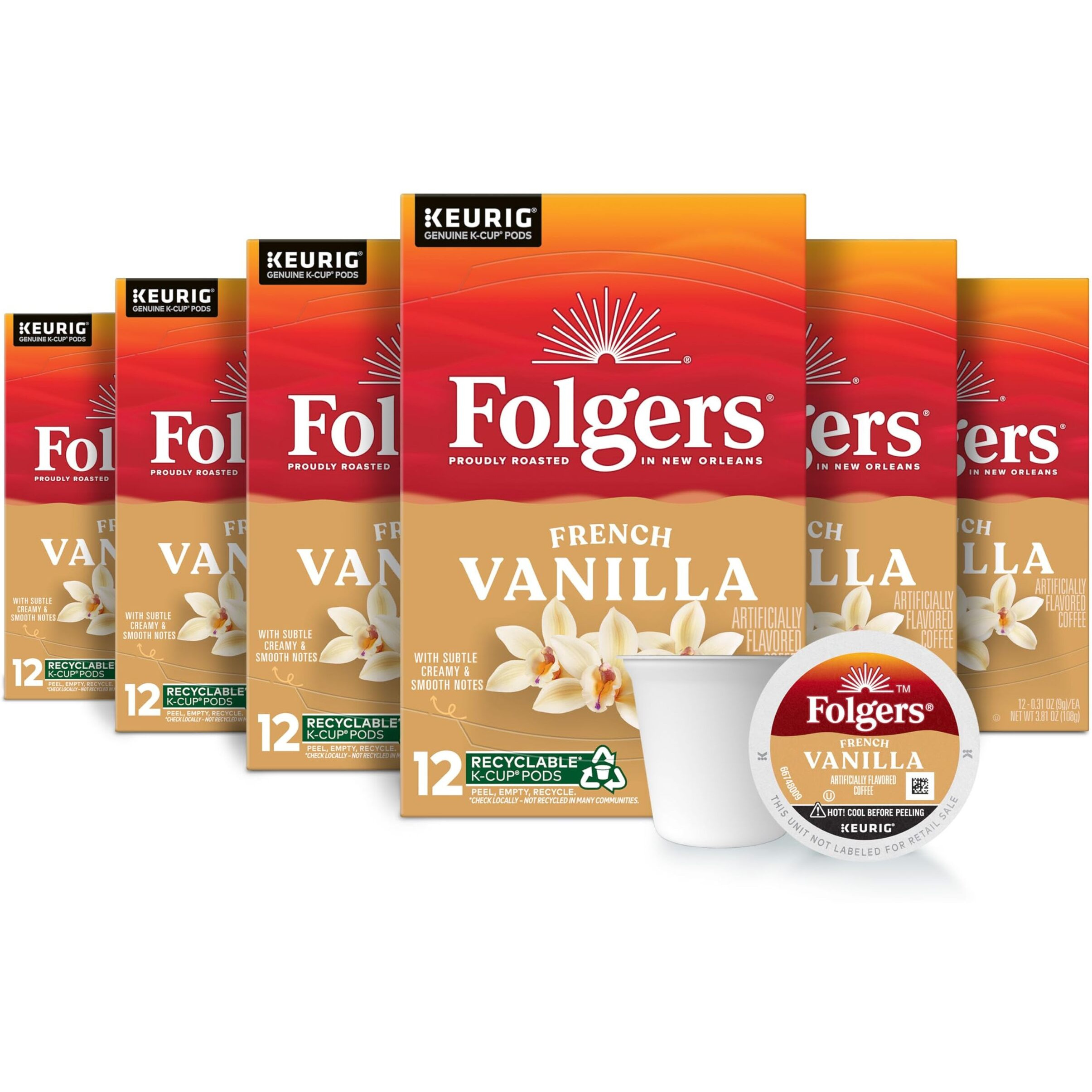 Folgers French Vanilla Flavored Coffee, 72 Keurig K-Cup Pods (Packaging May Vary)