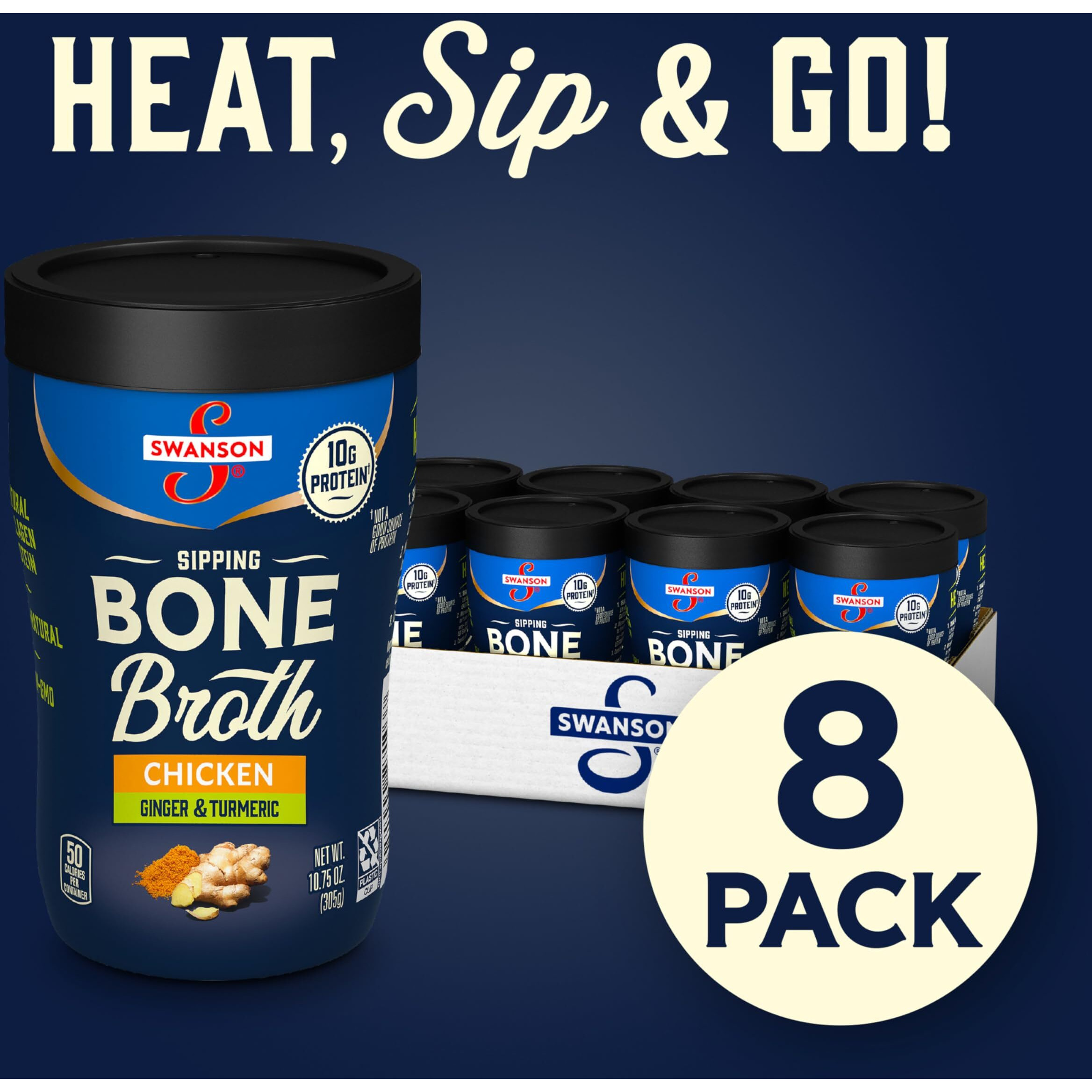 Swanson Sipping Bone Broth, Chicken Bone Broth With Ginger & Turmeric, 10.75 Ounce Sipping Cup (Pack Of 8)