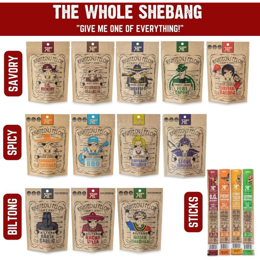 Righteous Felon Beef Jerky & Meat Sticks Variety Pack | Gluten Free Beef Jerky Snack Packs | High Protein, Keto, Low Sugar | Made With Premium Meats | Gifts For Men | The Whole Shebang 16 Pack