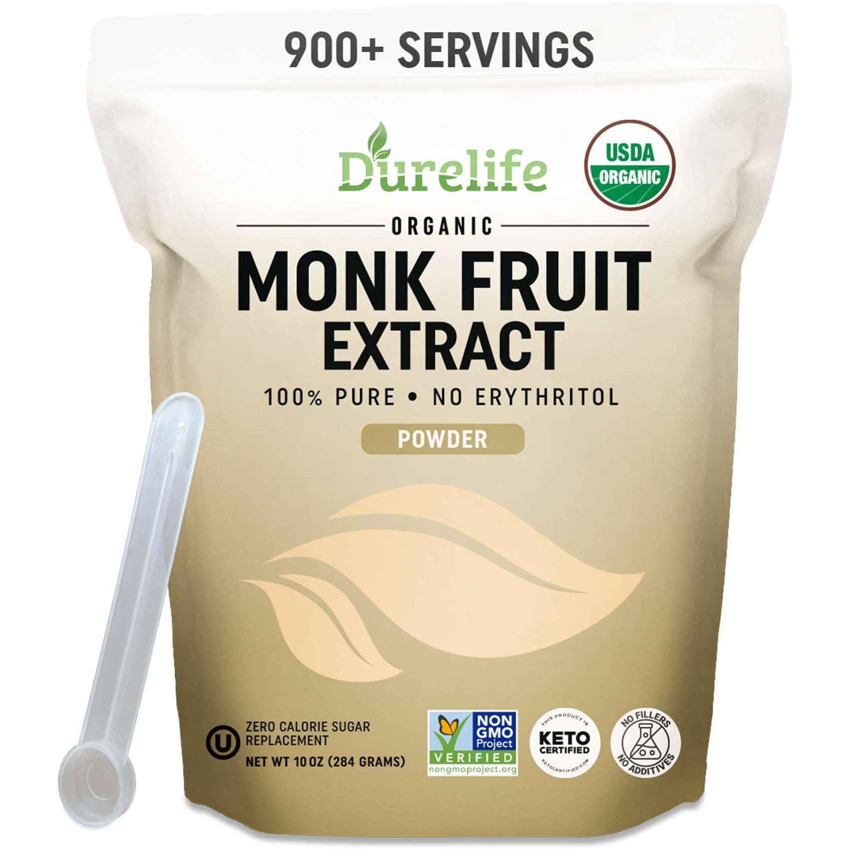 Durelife Organic 100% Pure Monk Fruit Sweetener, No Erythritol, Monkfruit Extract Powder, Usda Organic Non-Gmo Project Verified, Keto Certified, Ou Kosher No Fillers Zero Calorie Sugar Substitute 10 Oz
