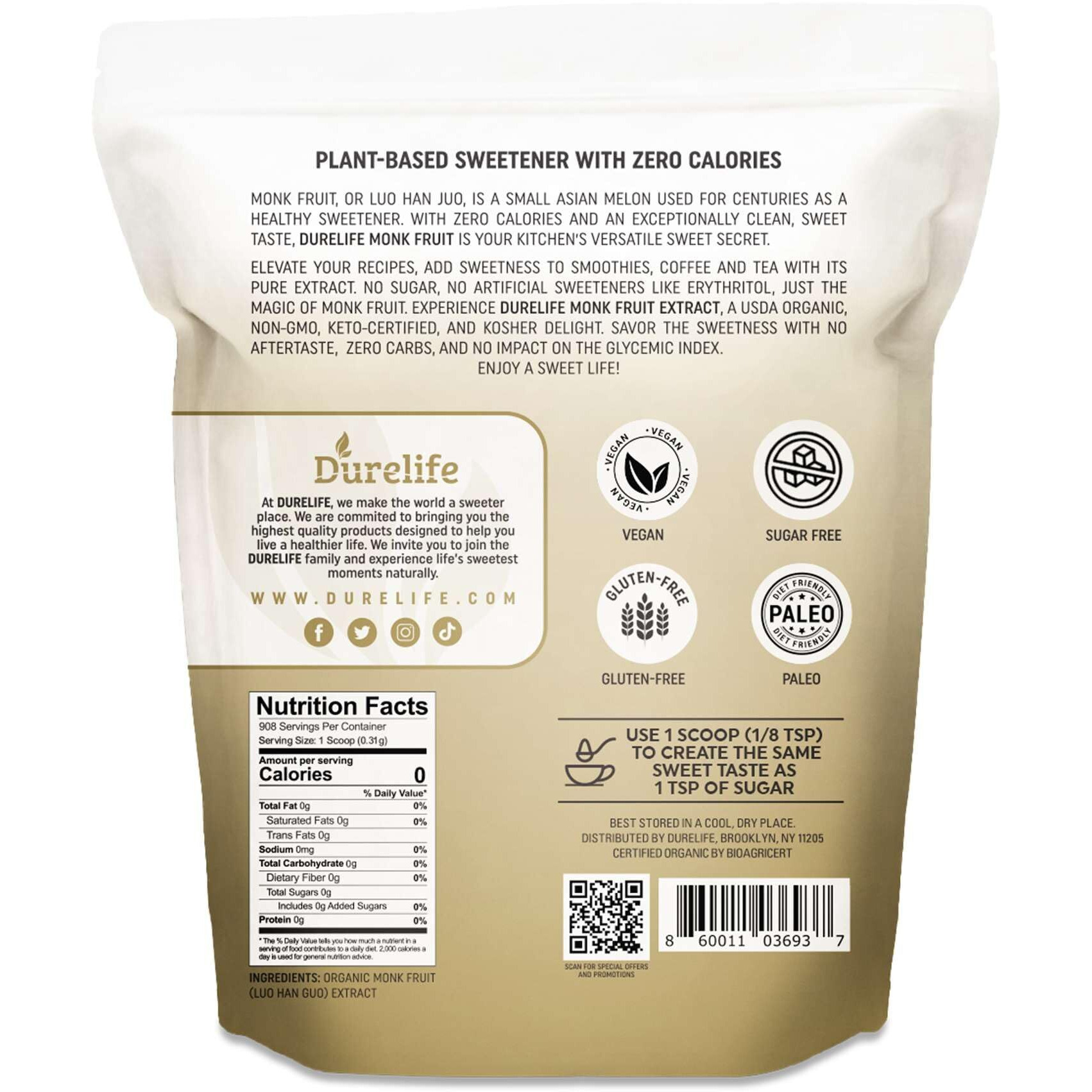 Durelife Organic 100% Pure Monk Fruit Sweetener, No Erythritol, Monkfruit Extract Powder, Usda Organic Non-Gmo Project Verified, Keto Certified, Ou Kosher No Fillers Zero Calorie Sugar Substitute 10 Oz