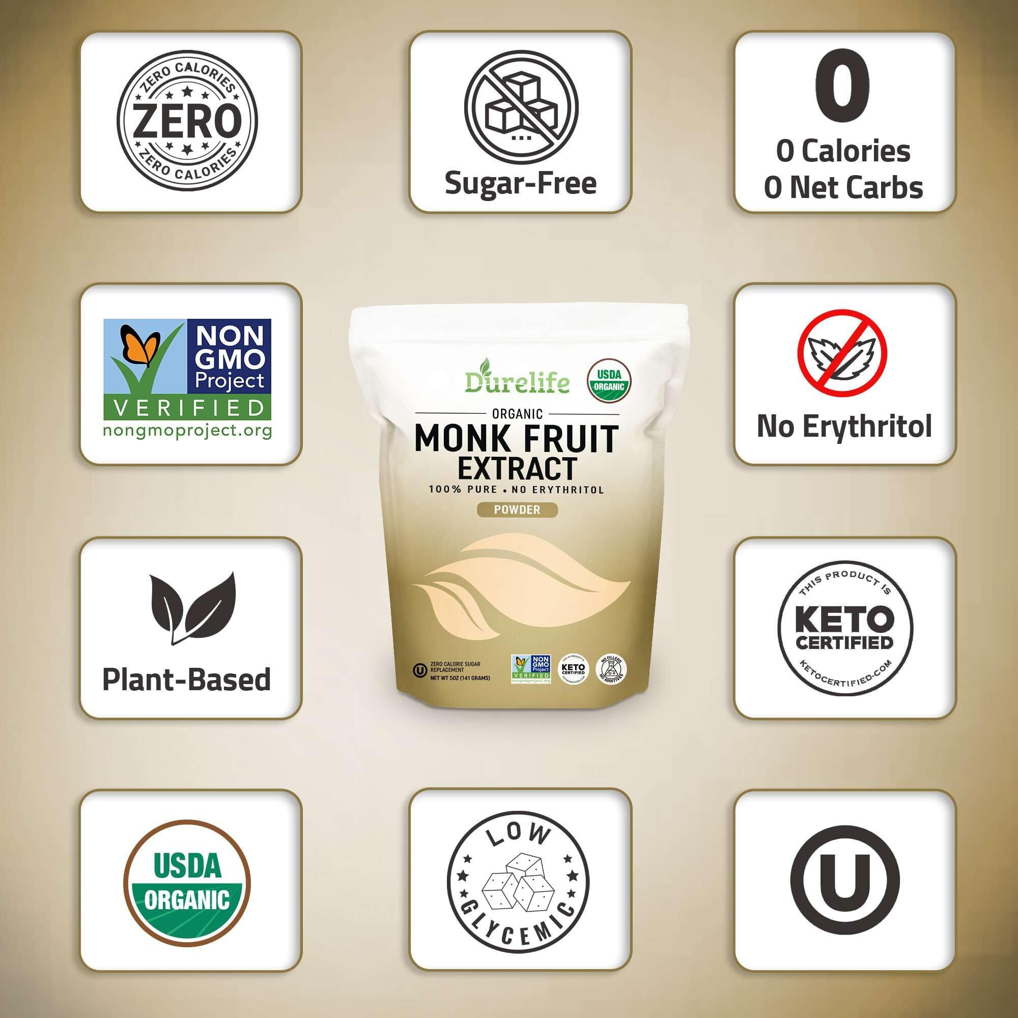 Durelife Organic 100% Pure Monk Fruit Sweetener, No Erythritol, Monkfruit Extract Powder, Usda Organic Non-Gmo Project Verified, Keto Certified, Ou Kosher No Fillers Zero Calorie Sugar Substitute 10 Oz