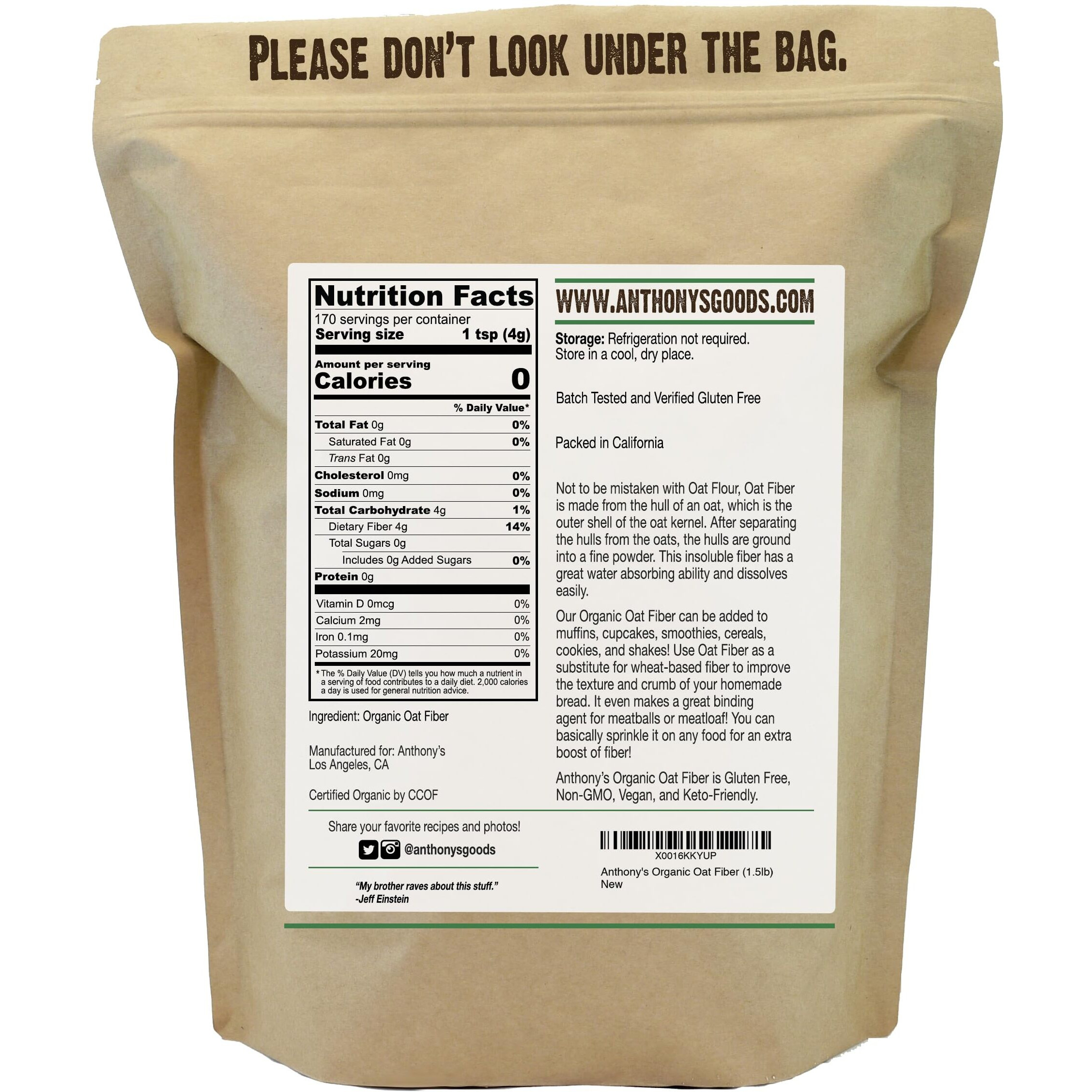 Anthony's Organic Oat Fiber, 1.5 Lb, Gluten Free, Non Gmo, Keto Friendly, Product Of Usa