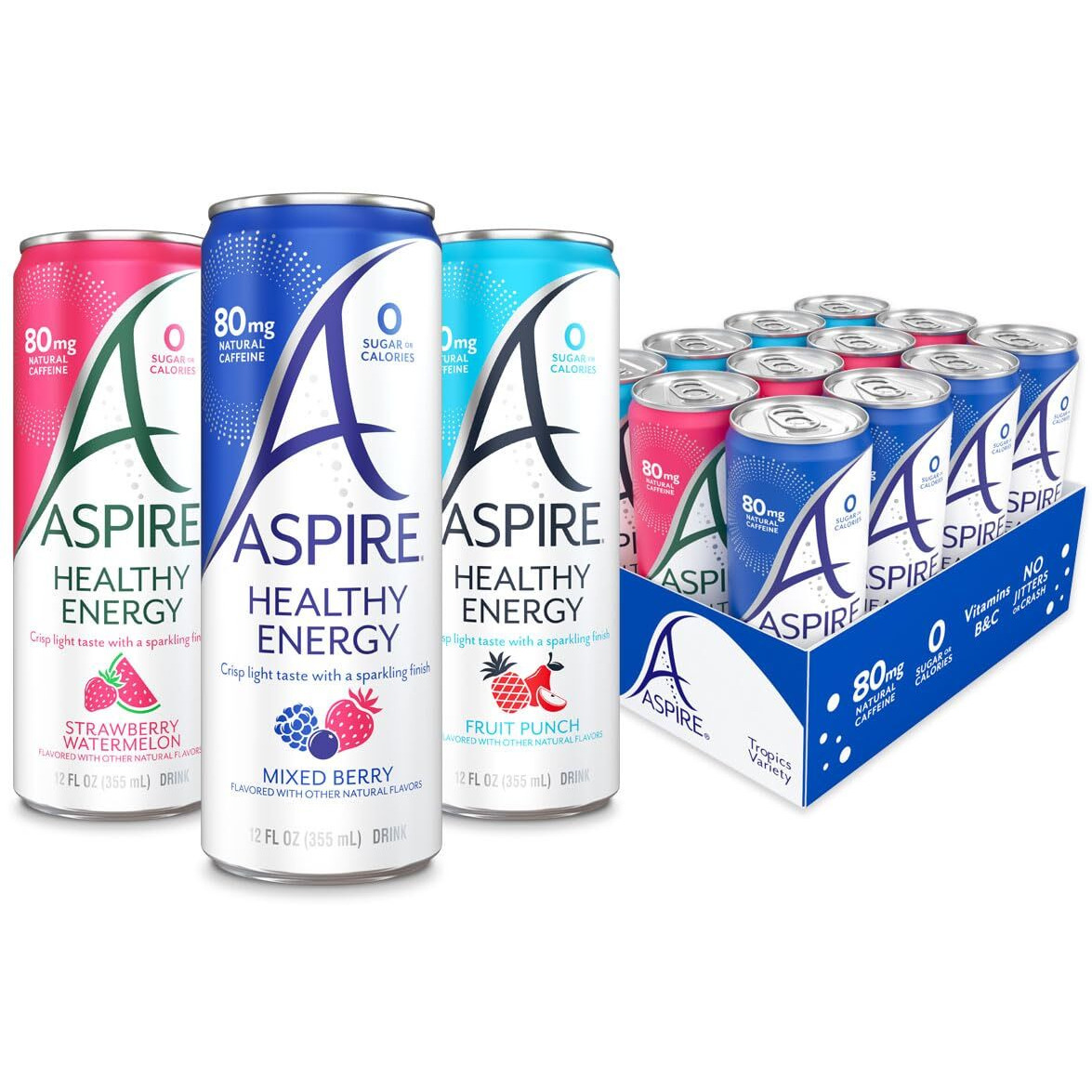 Aspire Fan Favorite Variety Pack, Healthy Energy Drink, Zero Sugar, Zero Calories, Calorie Burning, Natural Caffeine, Sparkling, Vegan, Keto-Friendly, 12 Pack