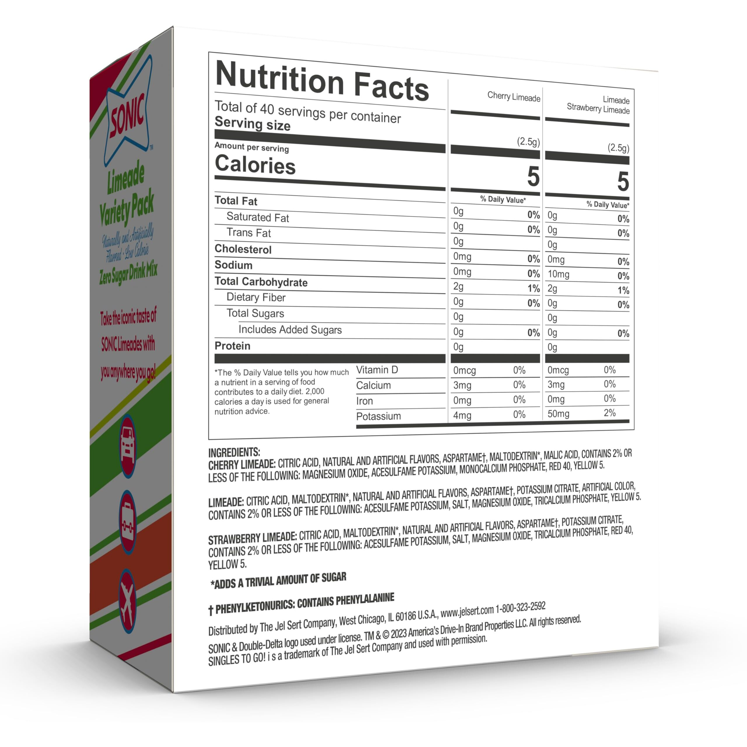 Sonic Singles To Go Limeade Variety Pack, Watertok Powdered Drink Mix, Includes 3 Flavors, Limeade, Cherry Limeade, Strawberry Limeade, 1 Box (40 Servings)