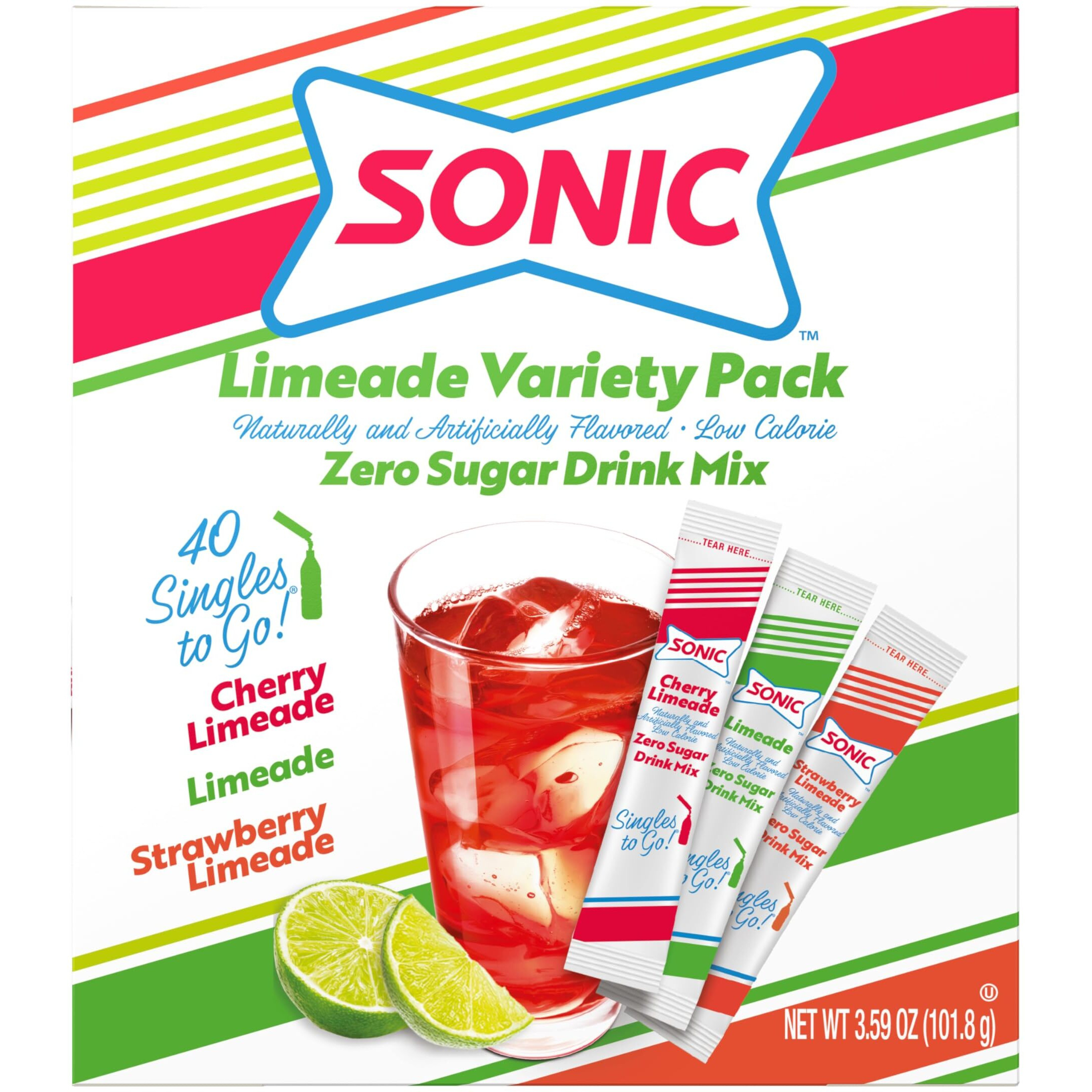 Sonic Singles To Go Limeade Variety Pack, Watertok Powdered Drink Mix, Includes 3 Flavors, Limeade, Cherry Limeade, Strawberry Limeade, 1 Box (40 Servings)
