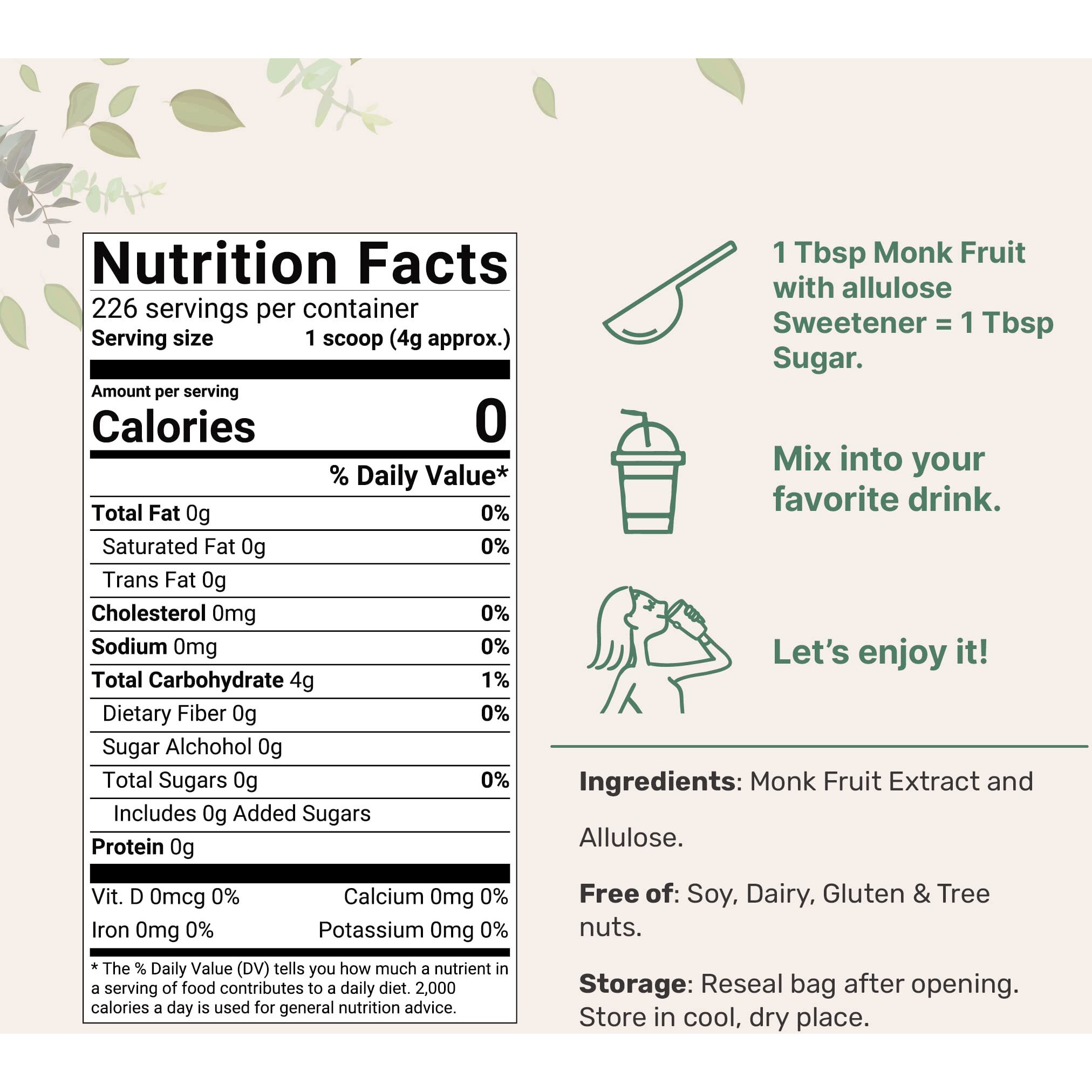Monk Fruit Sweetener With Allulose, 2 Lbs | No Erythritol | No Aftertaste, 11 White Sugar Substitute, Keto & Vegan Friendly, Zero Calorie | Great For Drinks, Coffee, Tea, Cookies | Non-Gmo