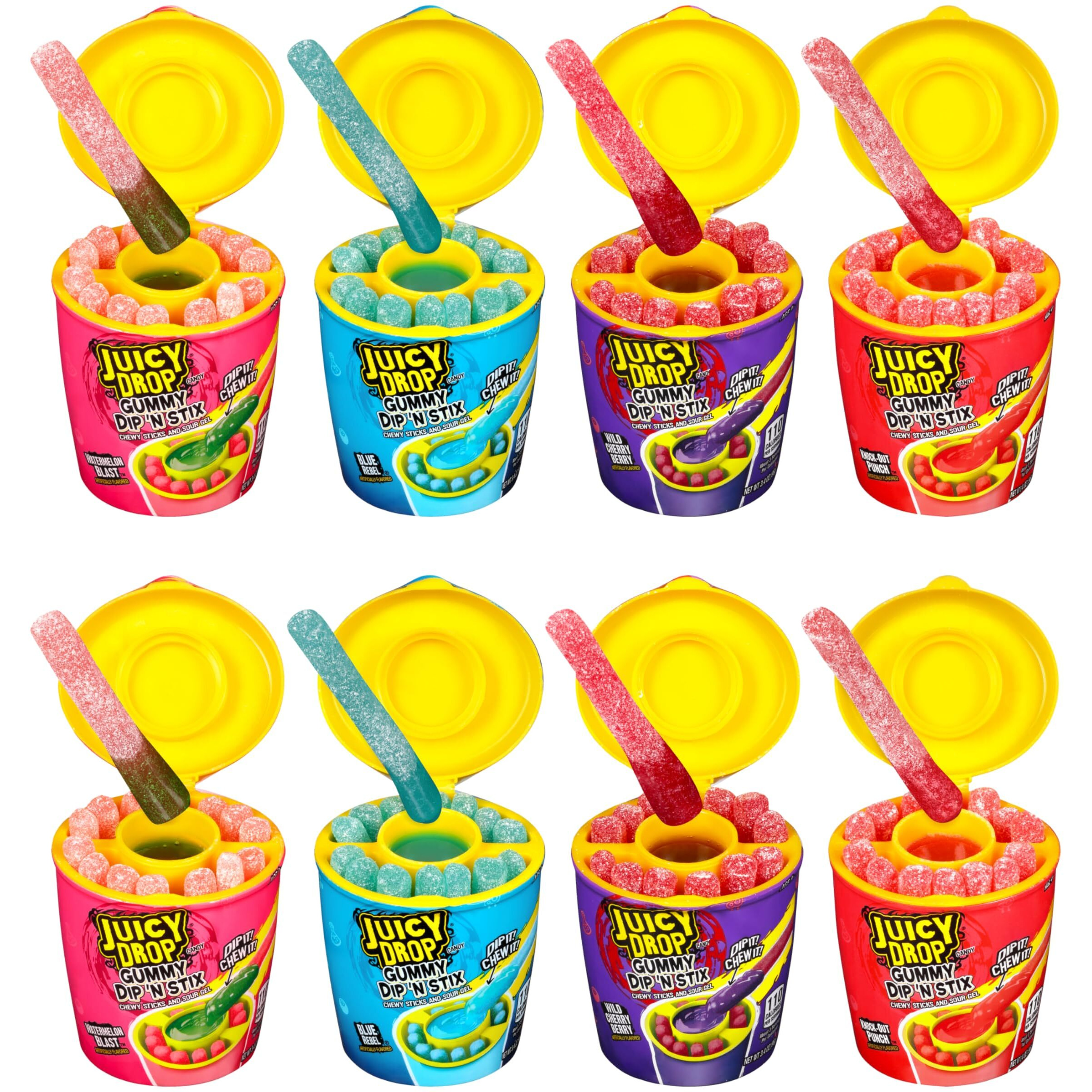Juicy Drop Dip 'N Stix - Sour Dipping Gel W/ Sweet Halloween Gummy Candy Sticks, Assorted 8 Pack - Bulk Individually Wrapped Sour Fun Candy For Halloween Candy, Party Favors, & Trick Or Treating