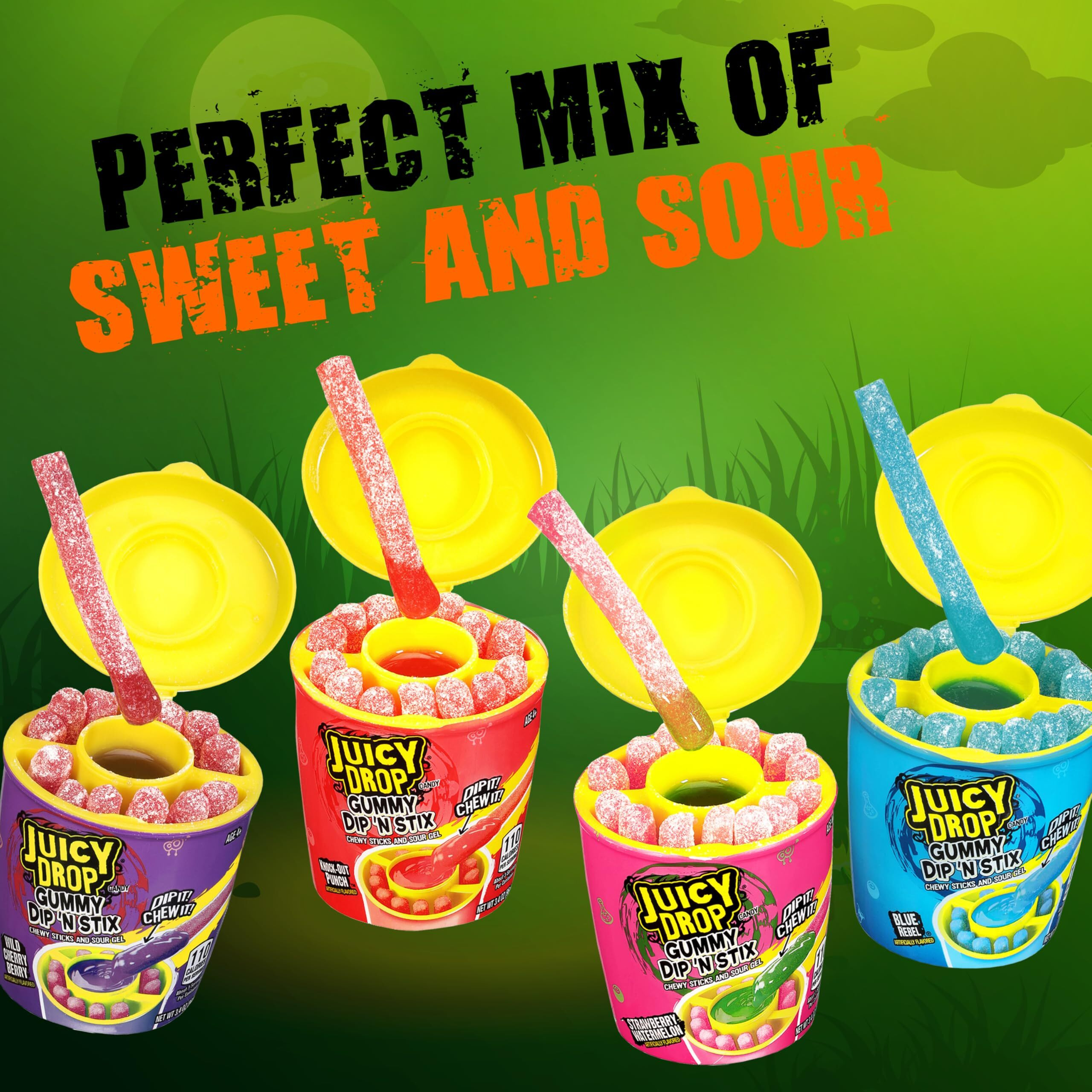 Juicy Drop Dip 'N Stix - Sour Dipping Gel W/ Sweet Halloween Gummy Candy Sticks, Assorted 8 Pack - Bulk Individually Wrapped Sour Fun Candy For Halloween Candy, Party Favors, & Trick Or Treating