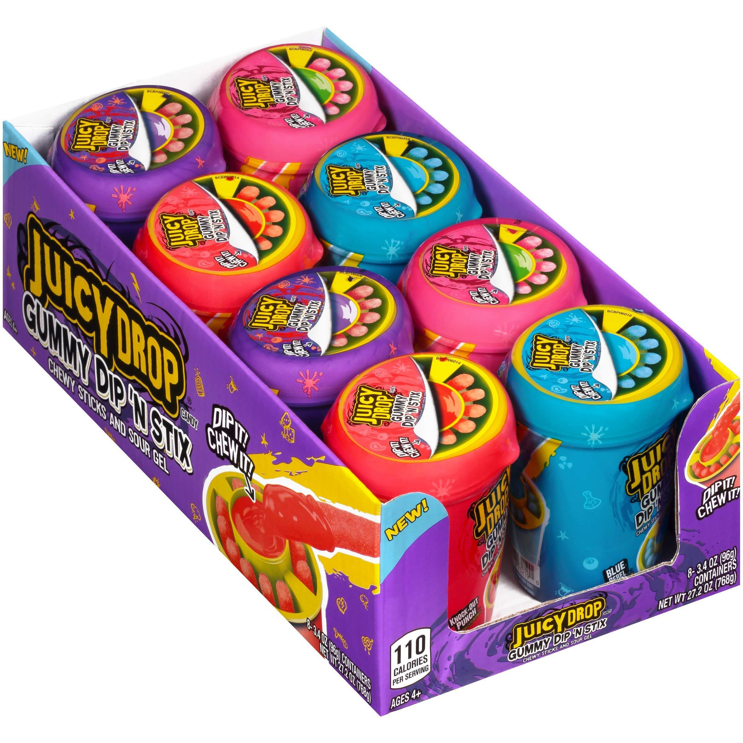 Juicy Drop Dip 'N Stix - Sour Dipping Gel W/ Sweet Halloween Gummy Candy Sticks, Assorted 8 Pack - Bulk Individually Wrapped Sour Fun Candy For Halloween Candy, Party Favors, & Trick Or Treating