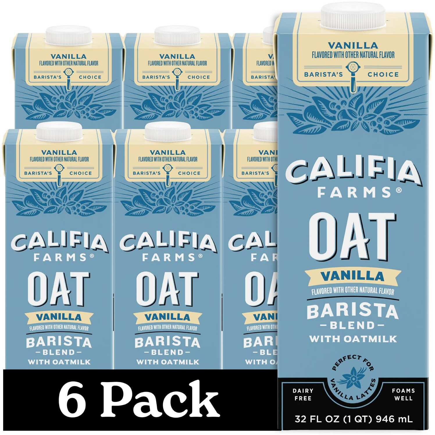 Califia Farms - Vanilla Oat Barista Blend Oat Milk, 32 Oz (Pack Of 6), Shelf Stable, Dairy Free, Plant Based, Vegan, Gluten Free, Non Gmo, Milk Frother, Creamer, Blue
