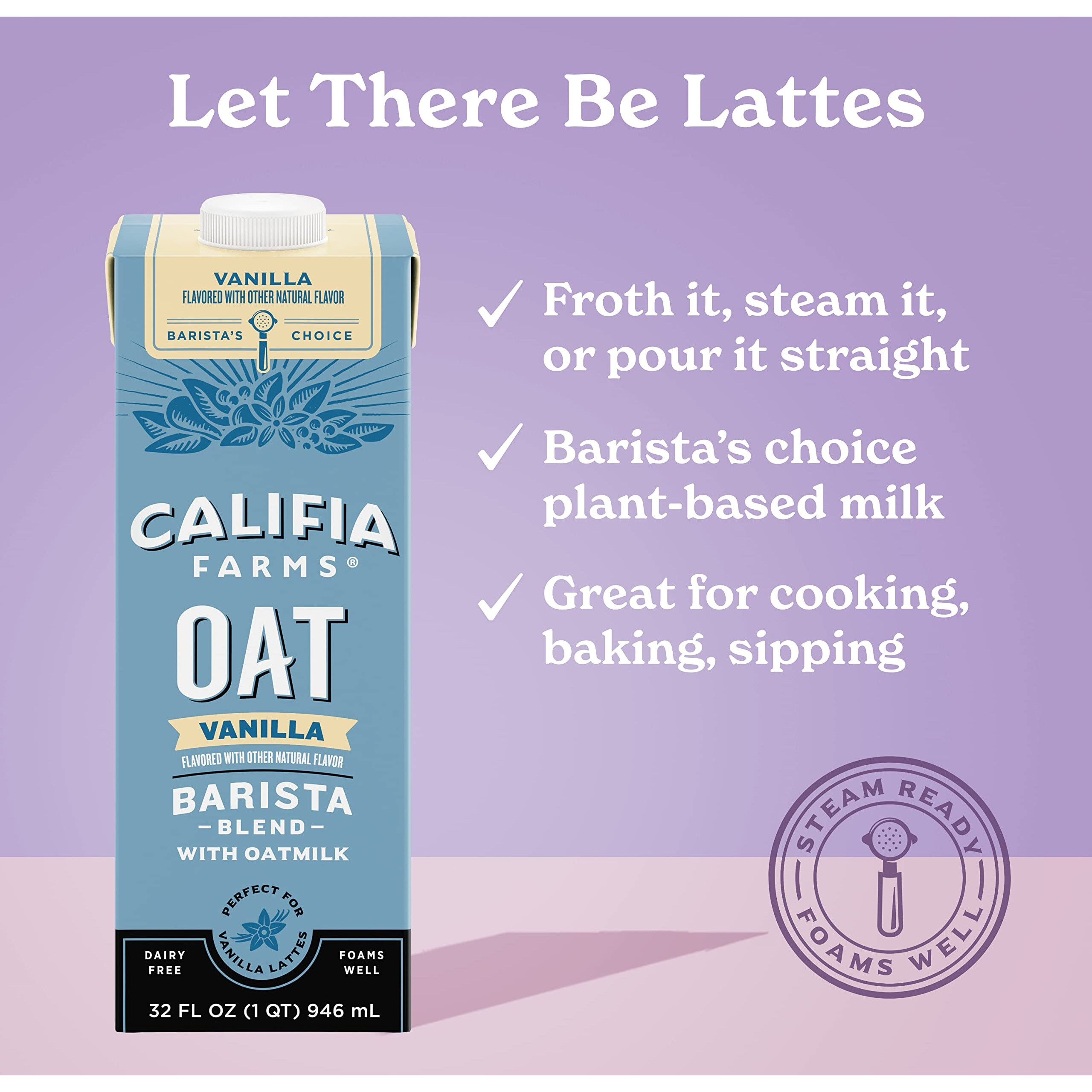 Califia Farms - Vanilla Oat Barista Blend Oat Milk, 32 Oz (Pack Of 6), Shelf Stable, Dairy Free, Plant Based, Vegan, Gluten Free, Non Gmo, Milk Frother, Creamer, Blue