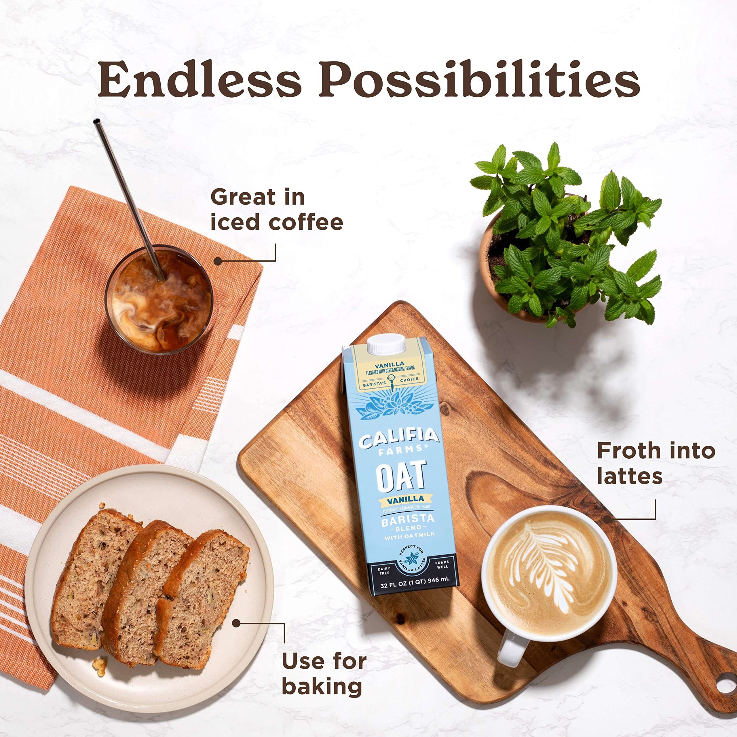 Califia Farms - Vanilla Oat Barista Blend Oat Milk, 32 Oz (Pack Of 6), Shelf Stable, Dairy Free, Plant Based, Vegan, Gluten Free, Non Gmo, Milk Frother, Creamer, Blue