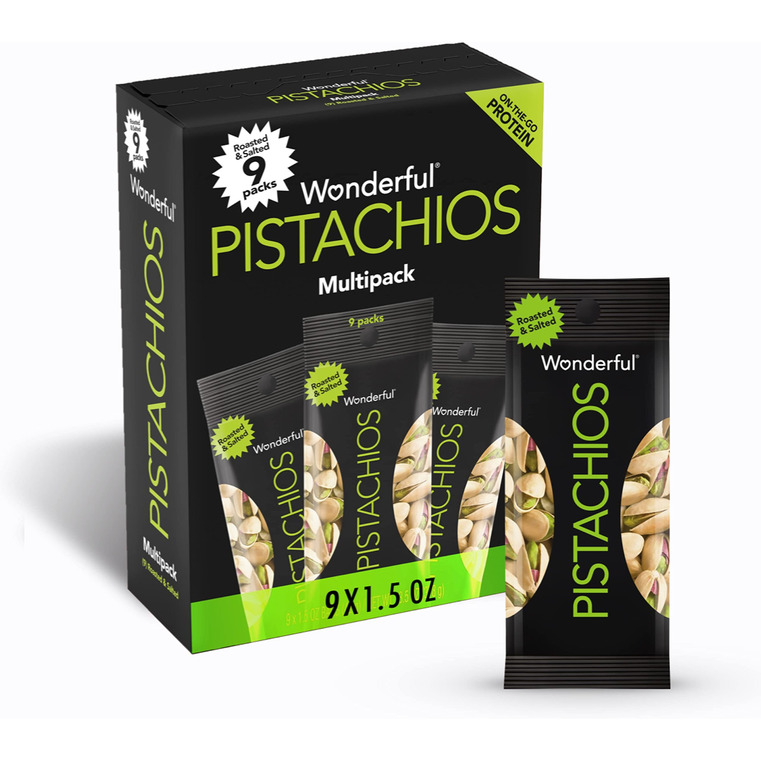Wonderful Pistachios In Shell, Roasted & Salted Nuts, 1.5 Ounce Bag (Pack Of 9), Protein Snacks, On-The-Go, Individually Wrapped Healthy Snacks For Adults