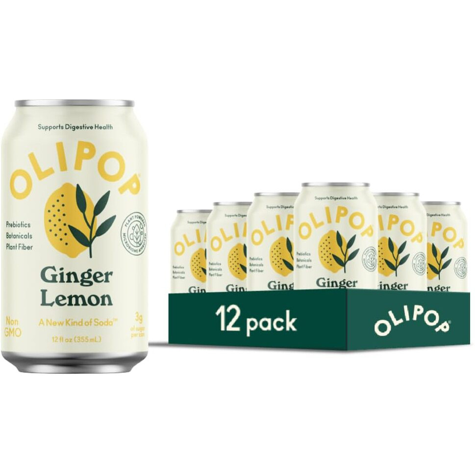 Olipop Prebiotic Soda Pop, Ginger Lemon, A New Kind Of Soda Packed With Prebiotics, Fiber, And Botanicals, Gluten Free, Vegan, Gmo Free, 12Oz (12-Cans)