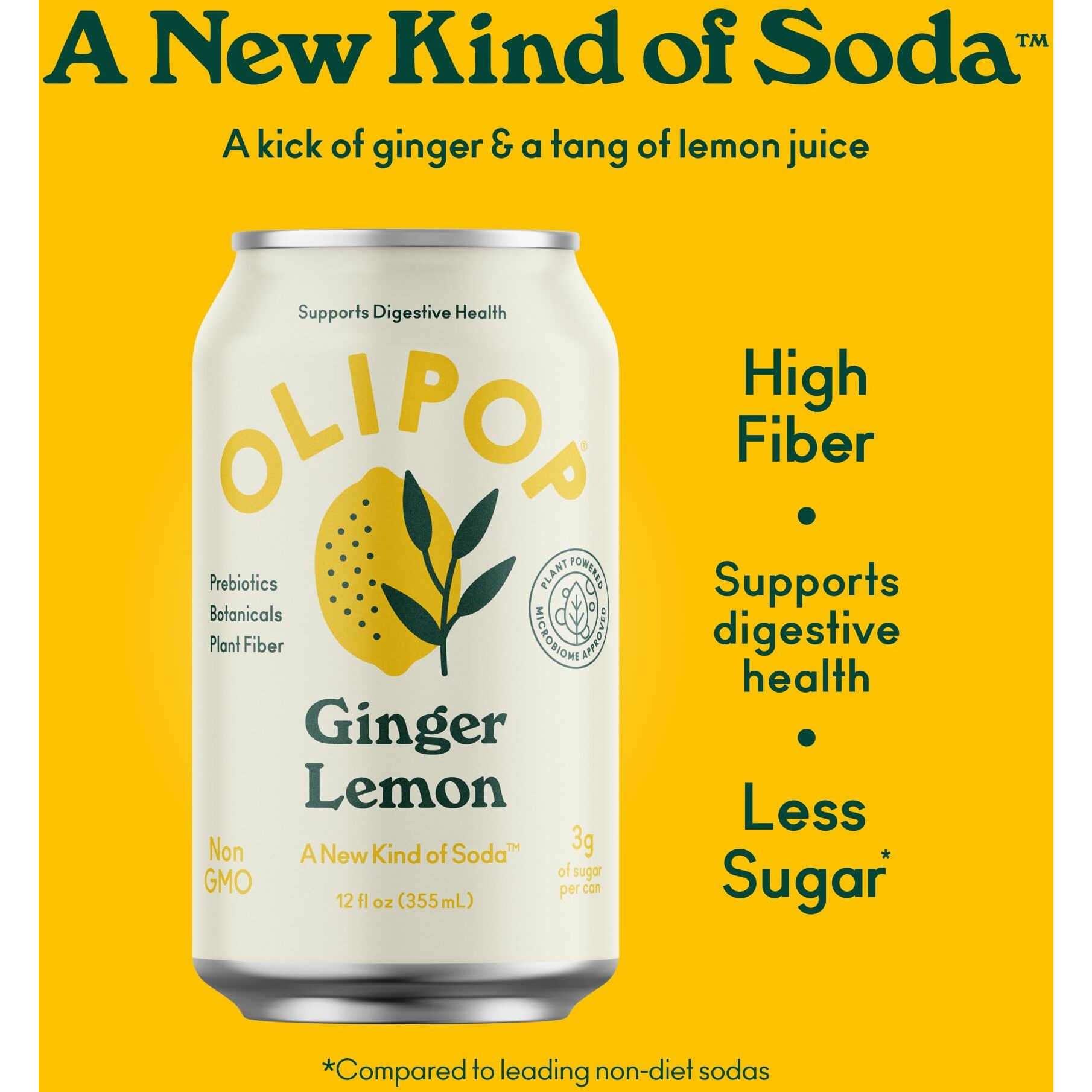 Olipop Prebiotic Soda Pop, Ginger Lemon, A New Kind Of Soda Packed With Prebiotics, Fiber, And Botanicals, Gluten Free, Vegan, Gmo Free, 12Oz (12-Cans)