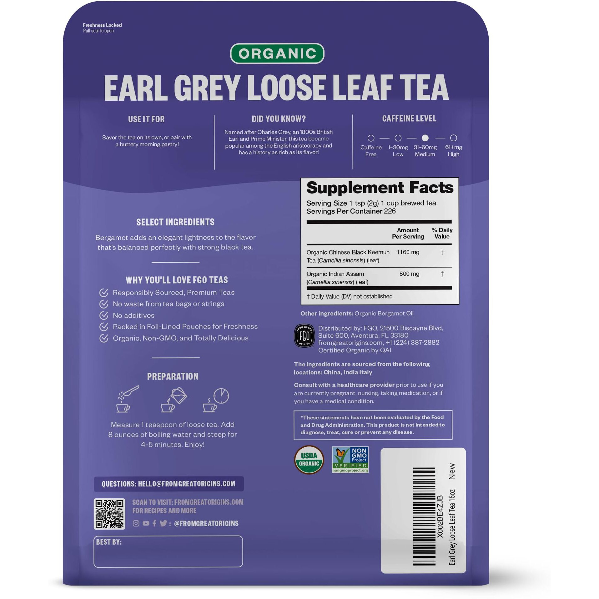 Fgo Organic Earl Grey Loose Leaf Tea, Resealable Kraft Bag, 16Oz, Packaging May Vary (Pack Of 1)