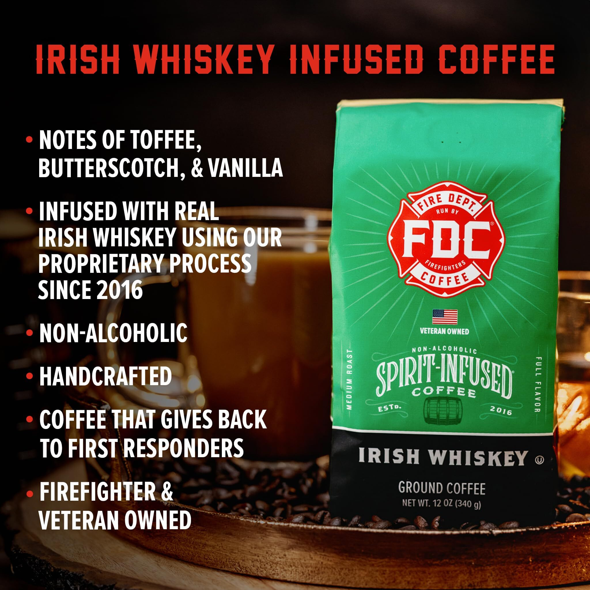 Fire Department Coffee - Gives Back To Firefighters - Irish Whiskey Infused Coffee Beans - Medium Roast - Non-Alcoholic - Roasted In The Usa - Premium Whole Bean Coffee - Veteran Owned - 12 Oz