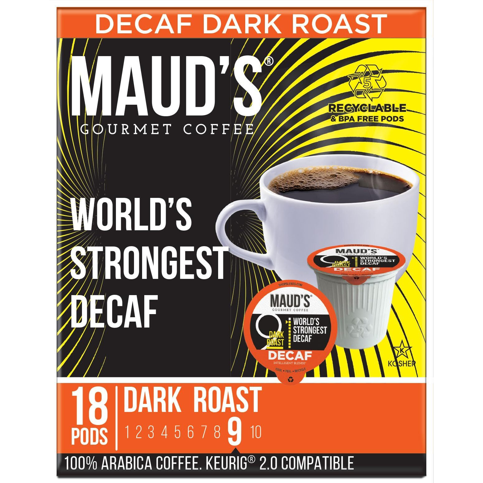 Maud's Decaf World's Strongest Dark Roast Coffee Pods, 18 Ct | Decaf World's Strongest | 100% Arabica Dark Roast Coffee | Solar Energy Produced Recyclable Pods Compatible With Keurig K Cups Maker