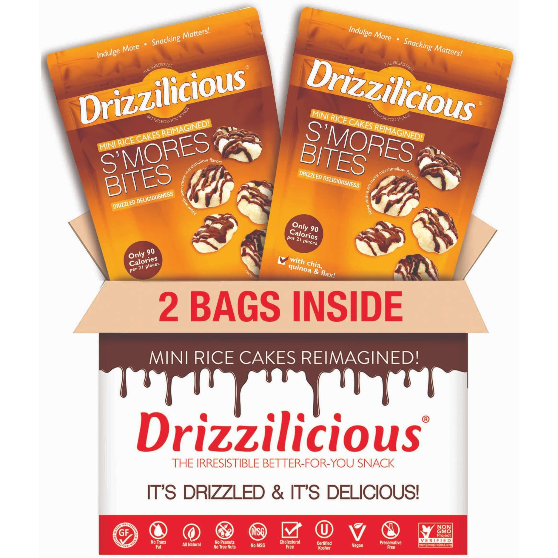 Drizzilicious Mini Rice Cakes S'Mores - Rice Crisps, Healthy Snack For Adults And Kids, Flavored Rice Cakes, Vegan, Gluten Free, Allergen Free, Only 90 Calories Per Serving - 4Oz (Pack Of 2)