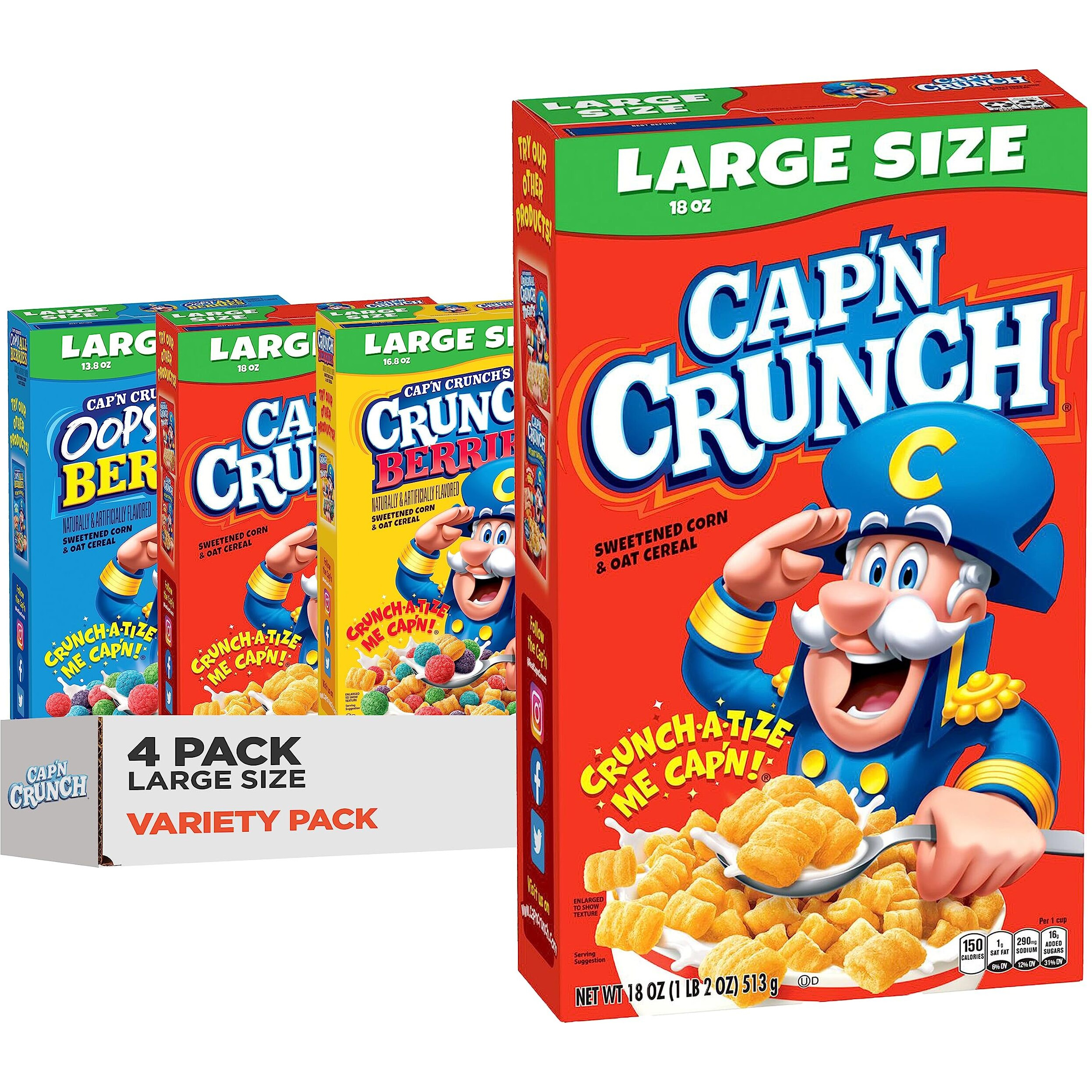 Cap'N Crunch Cereal, 3 Flavor Variety Pack, Large Size Boxes, (4 Pack)