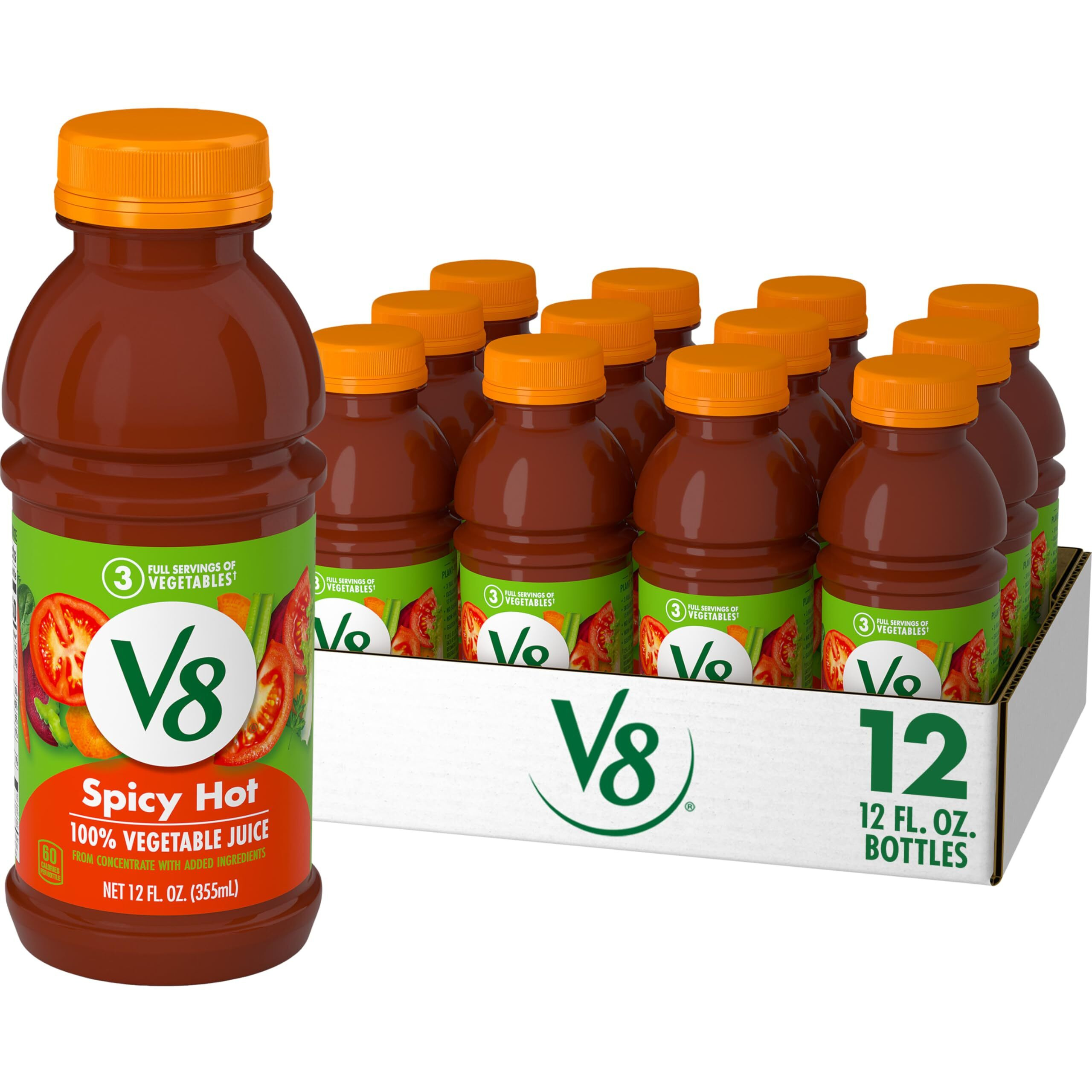 V8 Spicy Hot 100% Vegetable Juice, 12 Fl Oz Bottle (12 Pack)