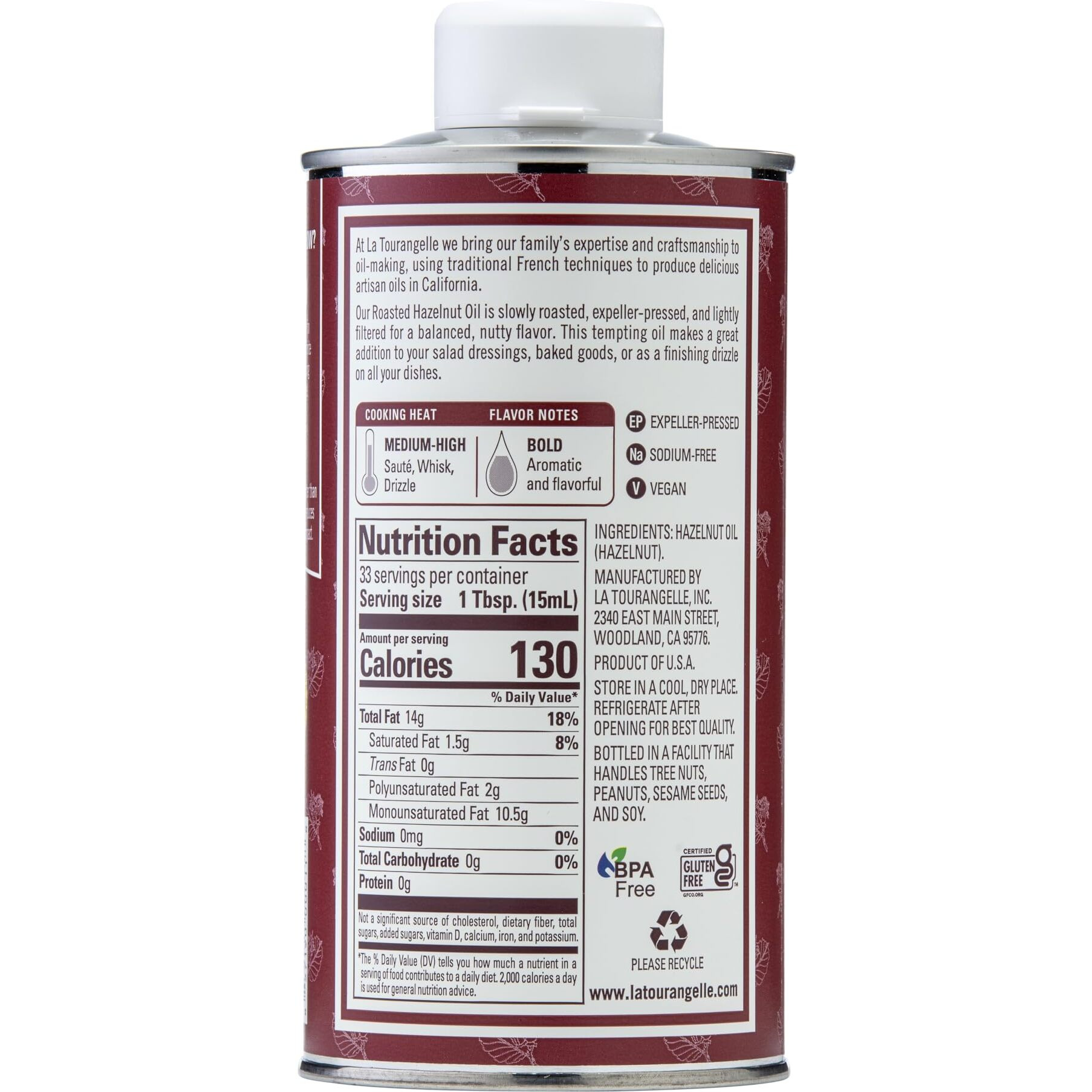 La Tourangelle Roasted Hazelnut Oil, High-Oleic Oil Great For Baking, Stir-Frying, And Vinaigrettes, 16.9 Fl Oz