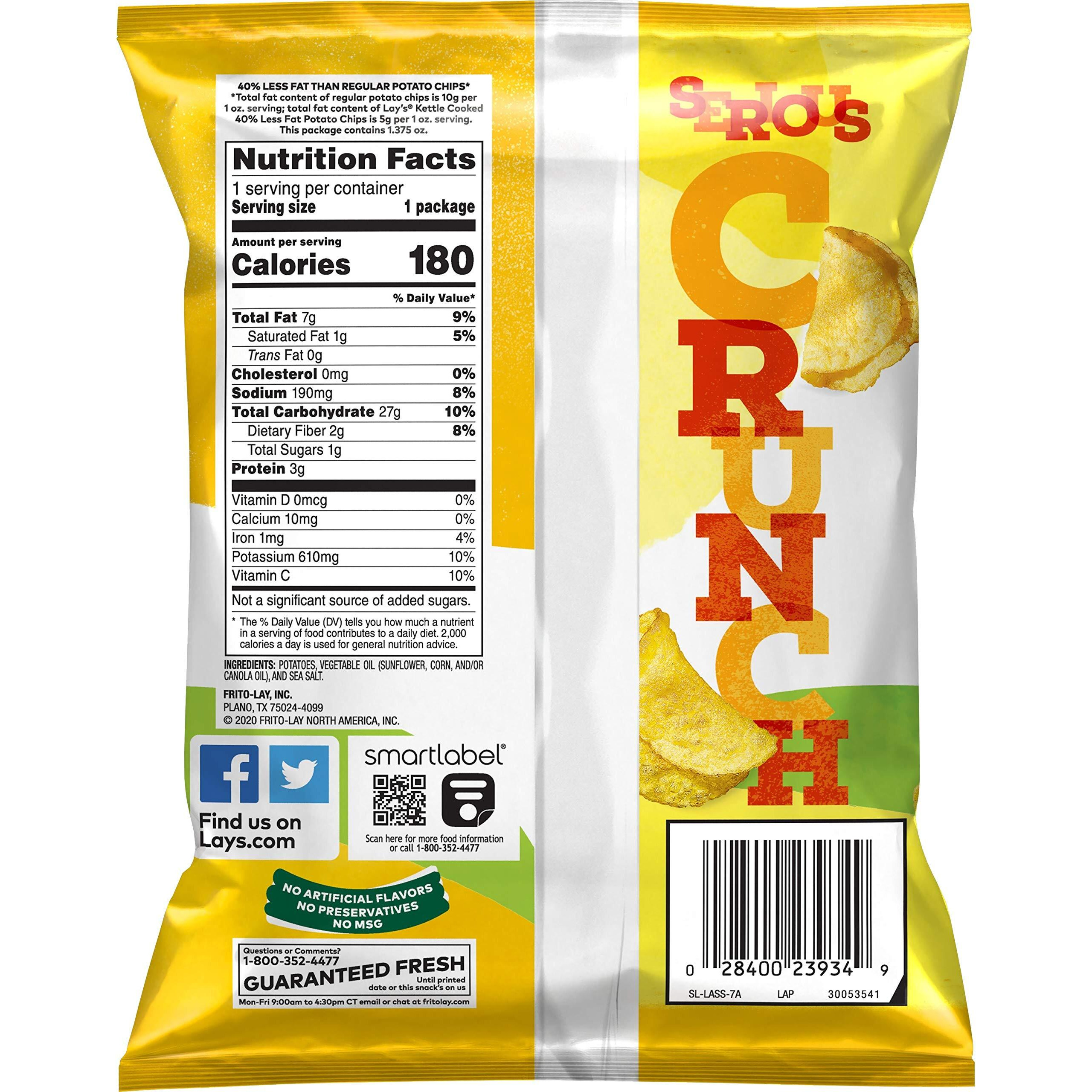 Lay's Kettle Cooked Potato Chips, 40% Less Fat Original, 1.375 Ounce (Pack Of 64)