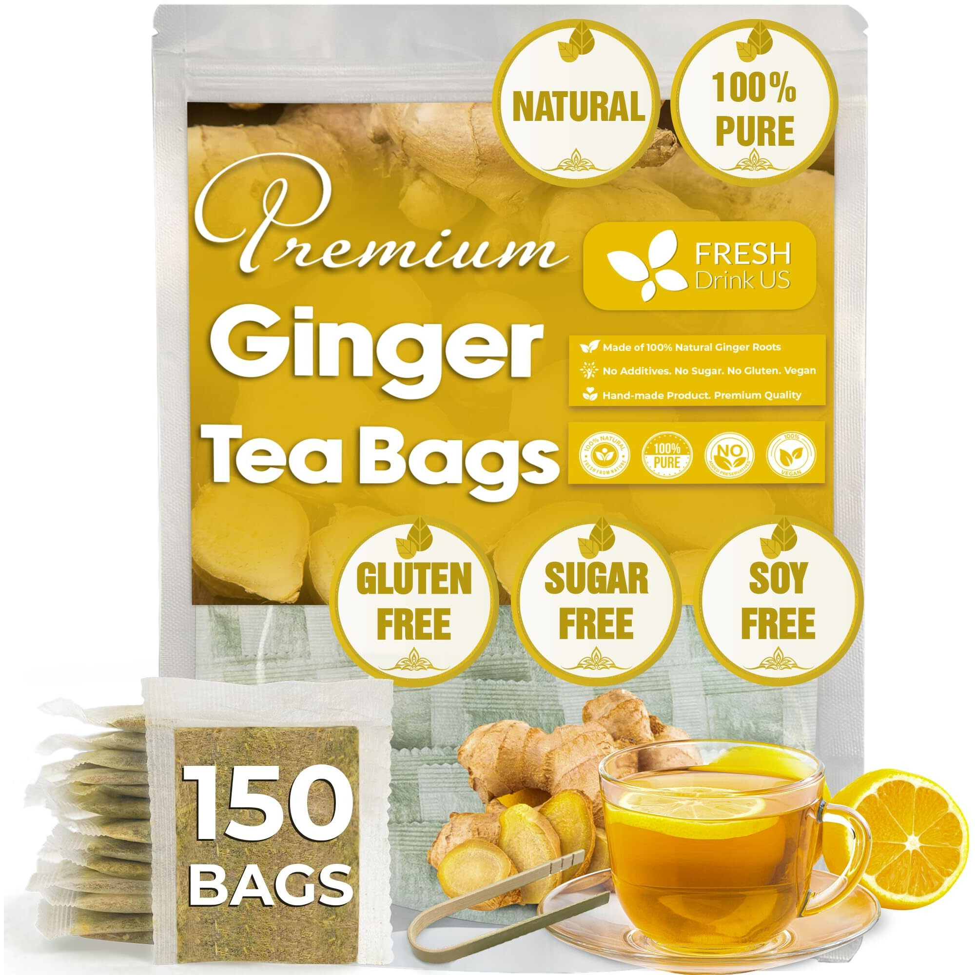 Freshdrinkus, 150 Premium Ginger Tea Bags, 100% Natural & Pure From Ginger Root, Ginger Tea. Ginger Herbal Tea. Ginger Tea. No Sugar, No Caffeine, No Gluten, Vegan.