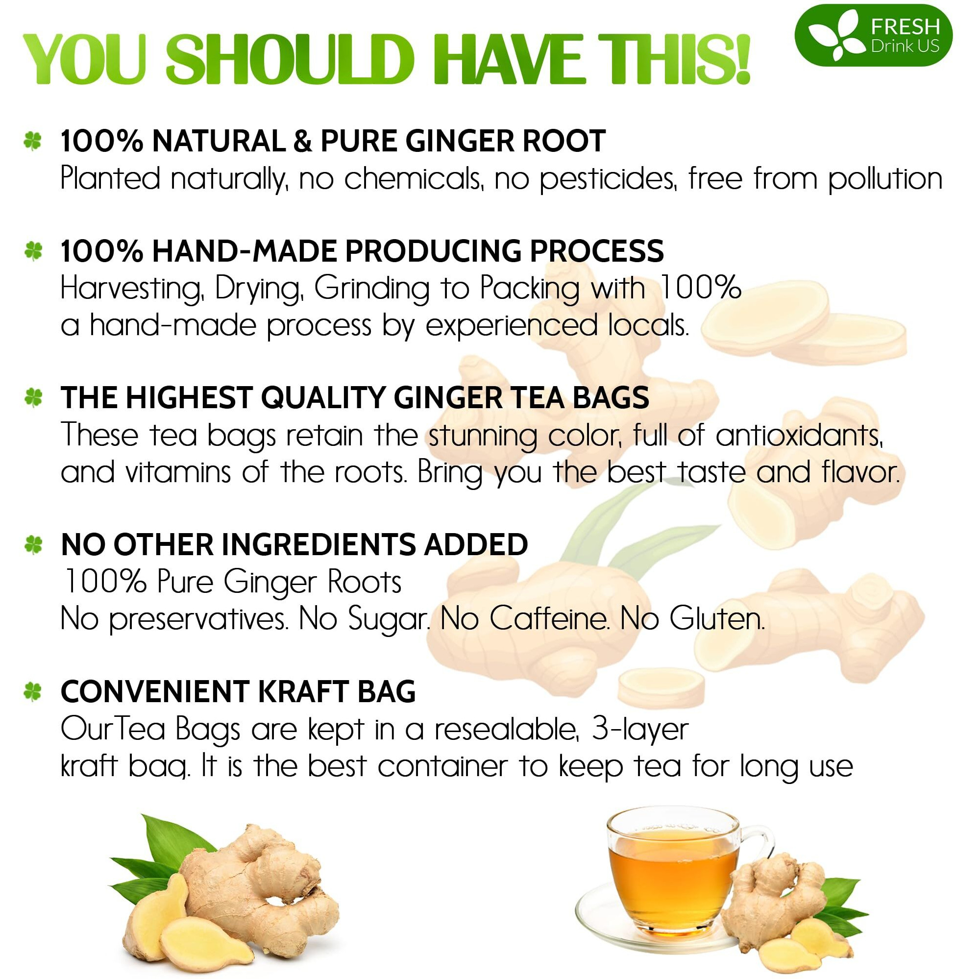 Freshdrinkus, 150 Premium Ginger Tea Bags, 100% Natural & Pure From Ginger Root, Ginger Tea. Ginger Herbal Tea. Ginger Tea. No Sugar, No Caffeine, No Gluten, Vegan.
