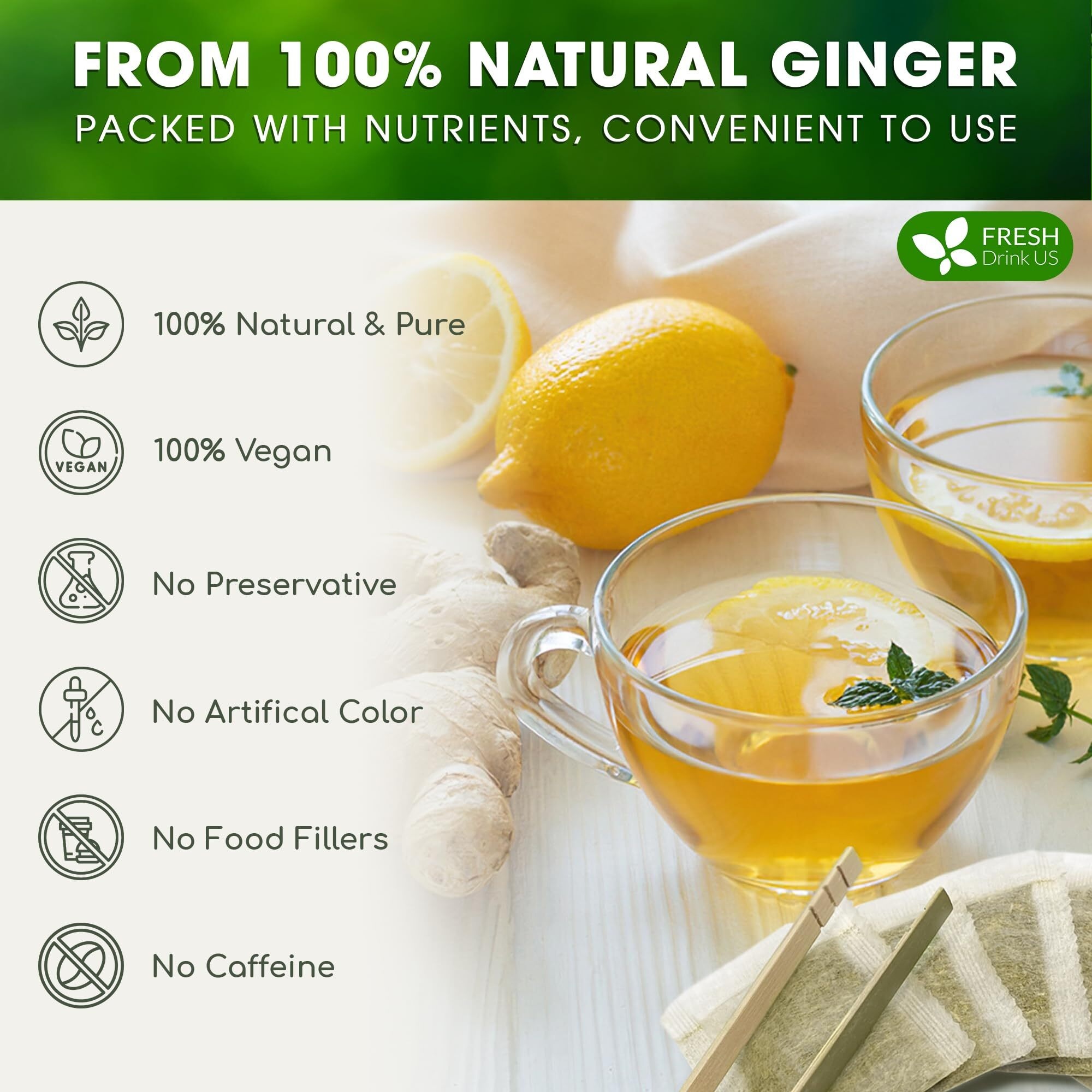 Freshdrinkus, 150 Premium Ginger Tea Bags, 100% Natural & Pure From Ginger Root, Ginger Tea. Ginger Herbal Tea. Ginger Tea. No Sugar, No Caffeine, No Gluten, Vegan.
