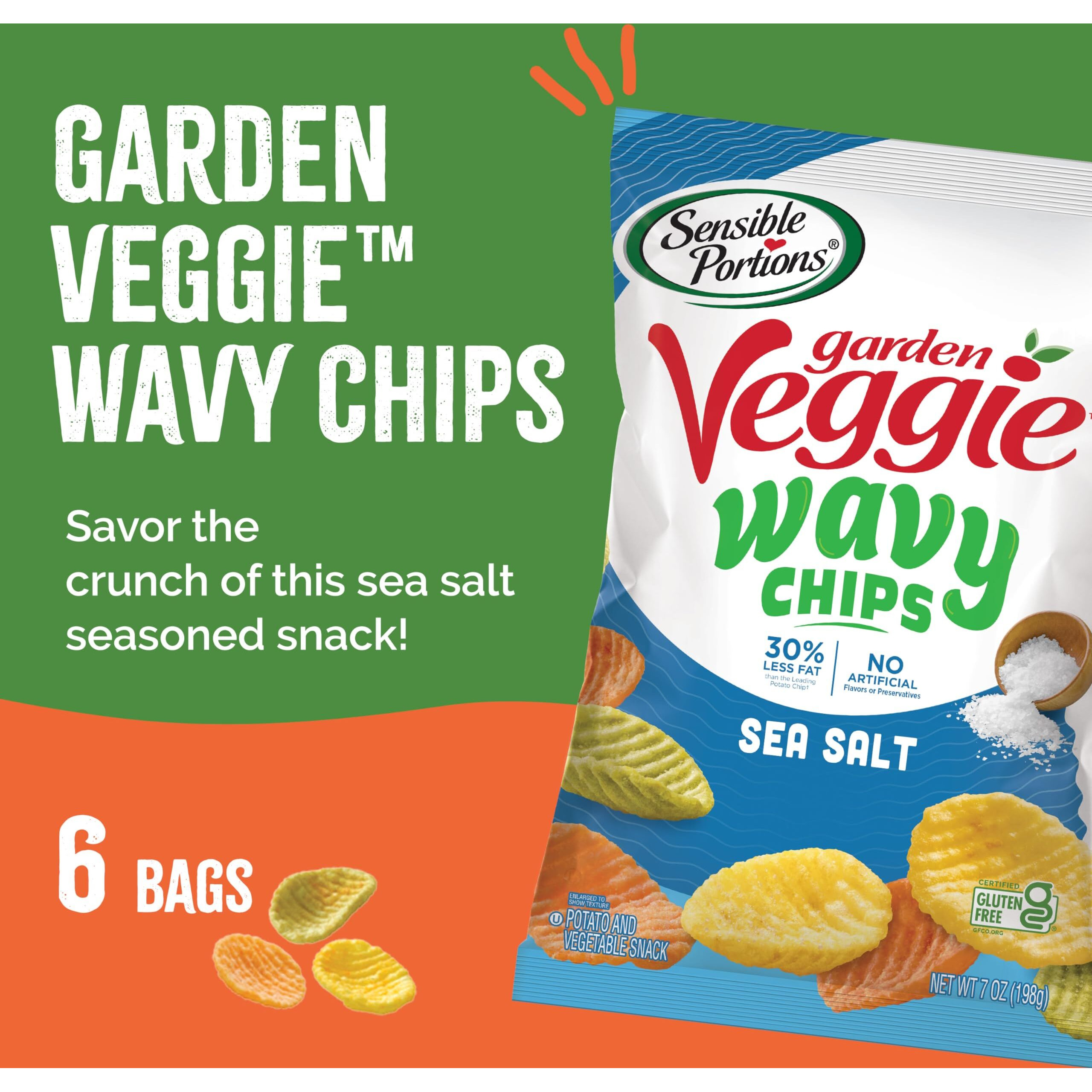 Sensible Portions Veggie Wavy Chips, Sea Salt Flavor, Gluten-Free Chips, 7 Ounce Bag, 6-Pack