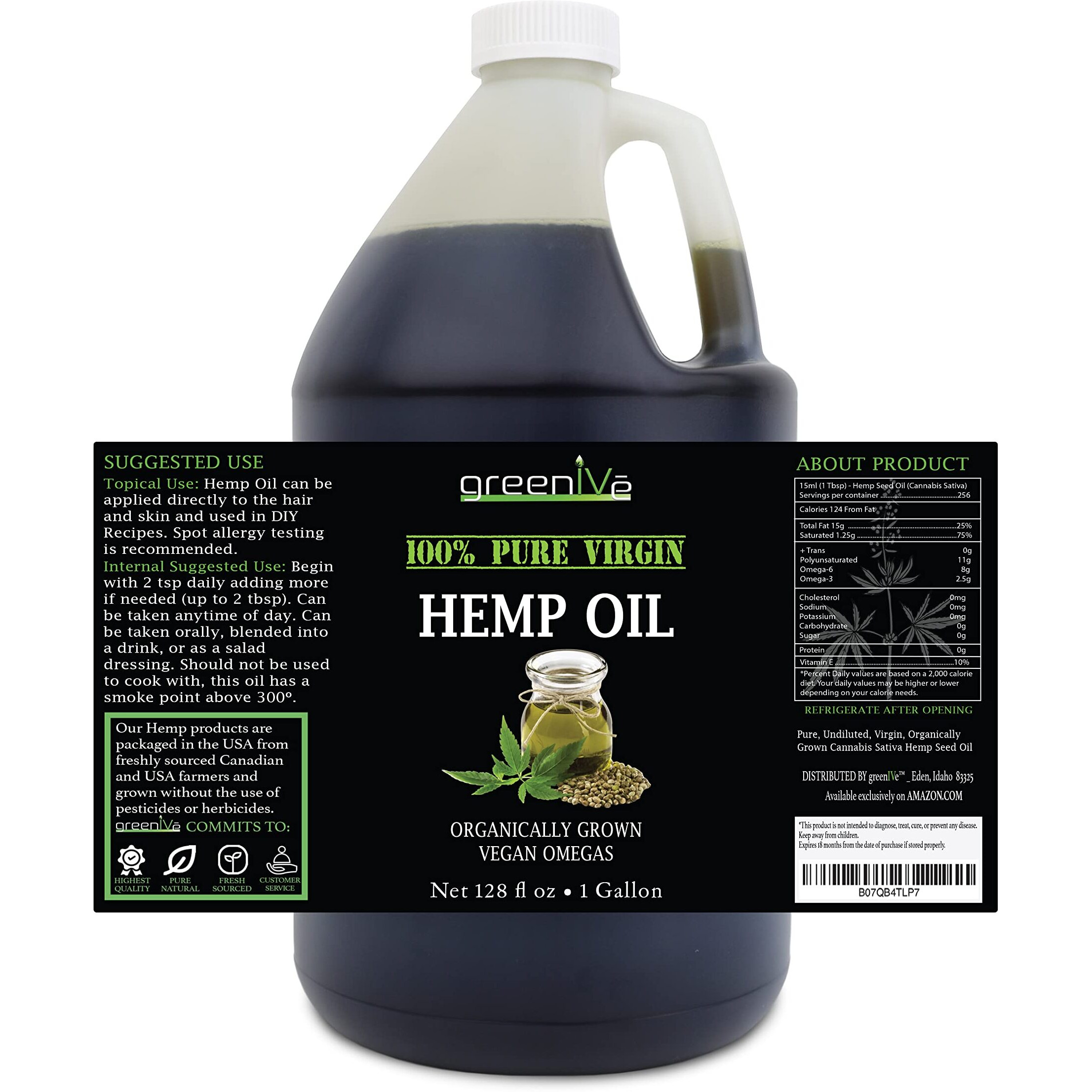 Greenive Hemp Oil Organically Grown 28,000Mg Hemp Per Ounce 100% Pure Cold Pressed High Vegan Omegas And Vitamin E (128 Oz)