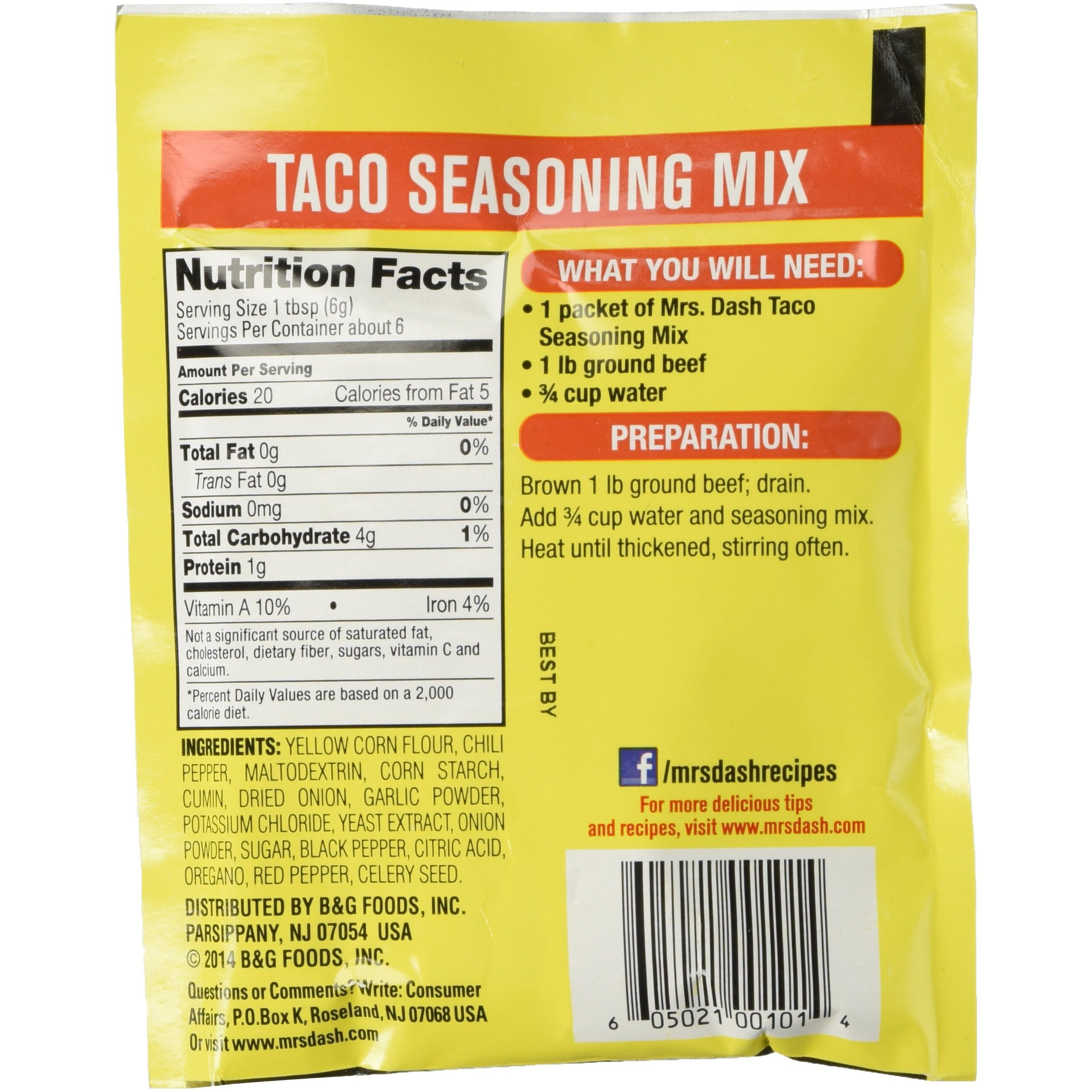 Mrs Dash Salt Free Taco Seasoning Mix (1.25 Oz Packets) 4 Pack