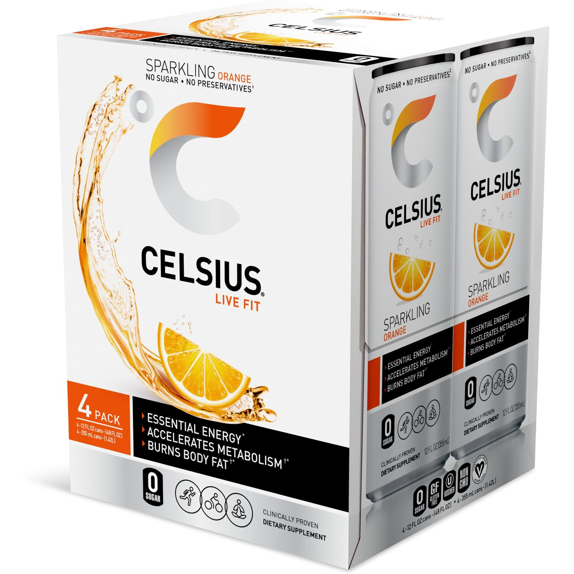 Celsius Sparkling Orange, Functional Essential Energy Drink 12 Fl Oz (Pack Of 24)