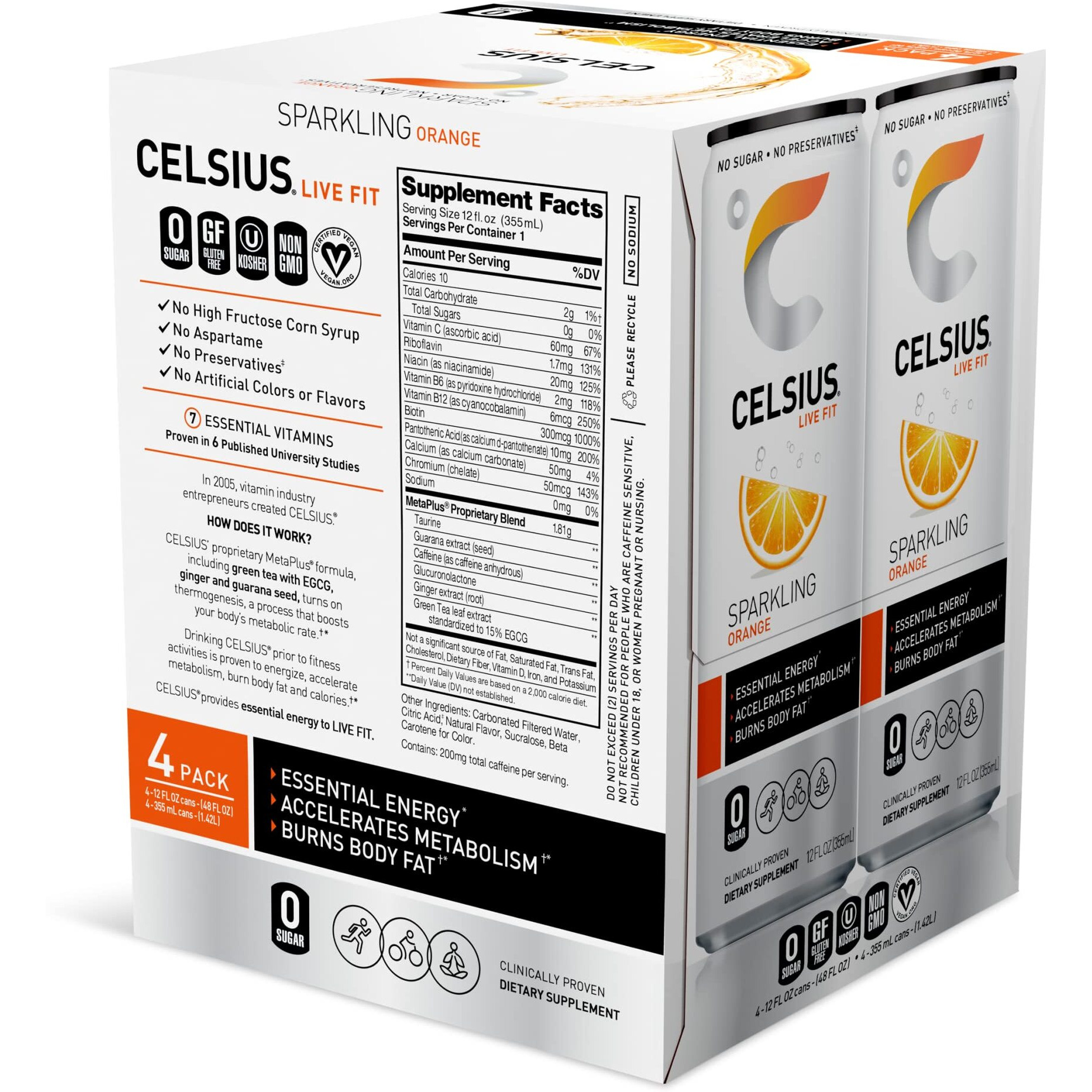 Celsius Sparkling Orange, Functional Essential Energy Drink 12 Fl Oz (Pack Of 24)