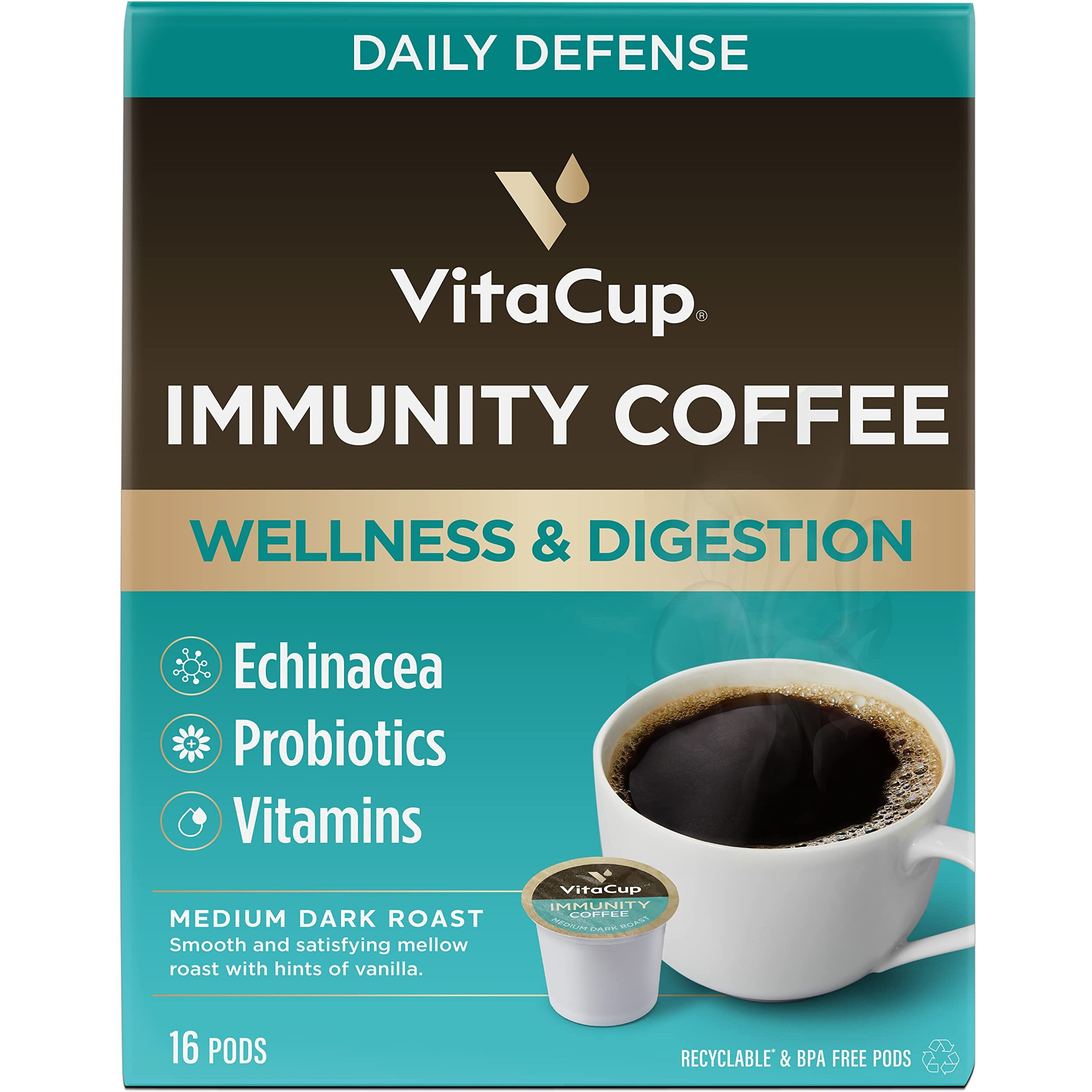 Vitacup Immunity Coffee Pods, Wellness Boost With Antioxidants, Echinacea, Probiotics, Vitamin C & D3, Medium Dark Roast, Recyclable Single Serve Pod Compatible With Keurig K-Cup Brewers,16 Ct