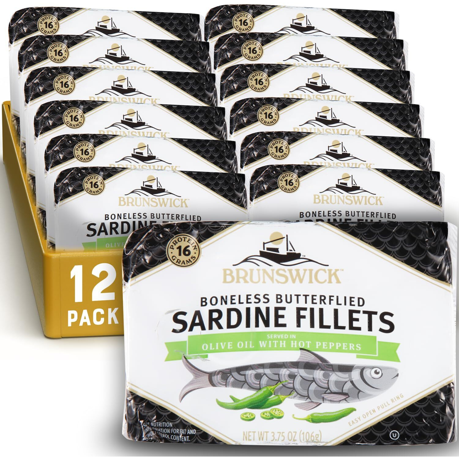 Brunswick Wild Caught Sardine Fillets In Hot Pepper, 3.75 Oz Can (Pack Of 12) - 16G Protein Per Serving - Gluten Free, Keto Friendly - Great For Pasta & Seafood Recipes
