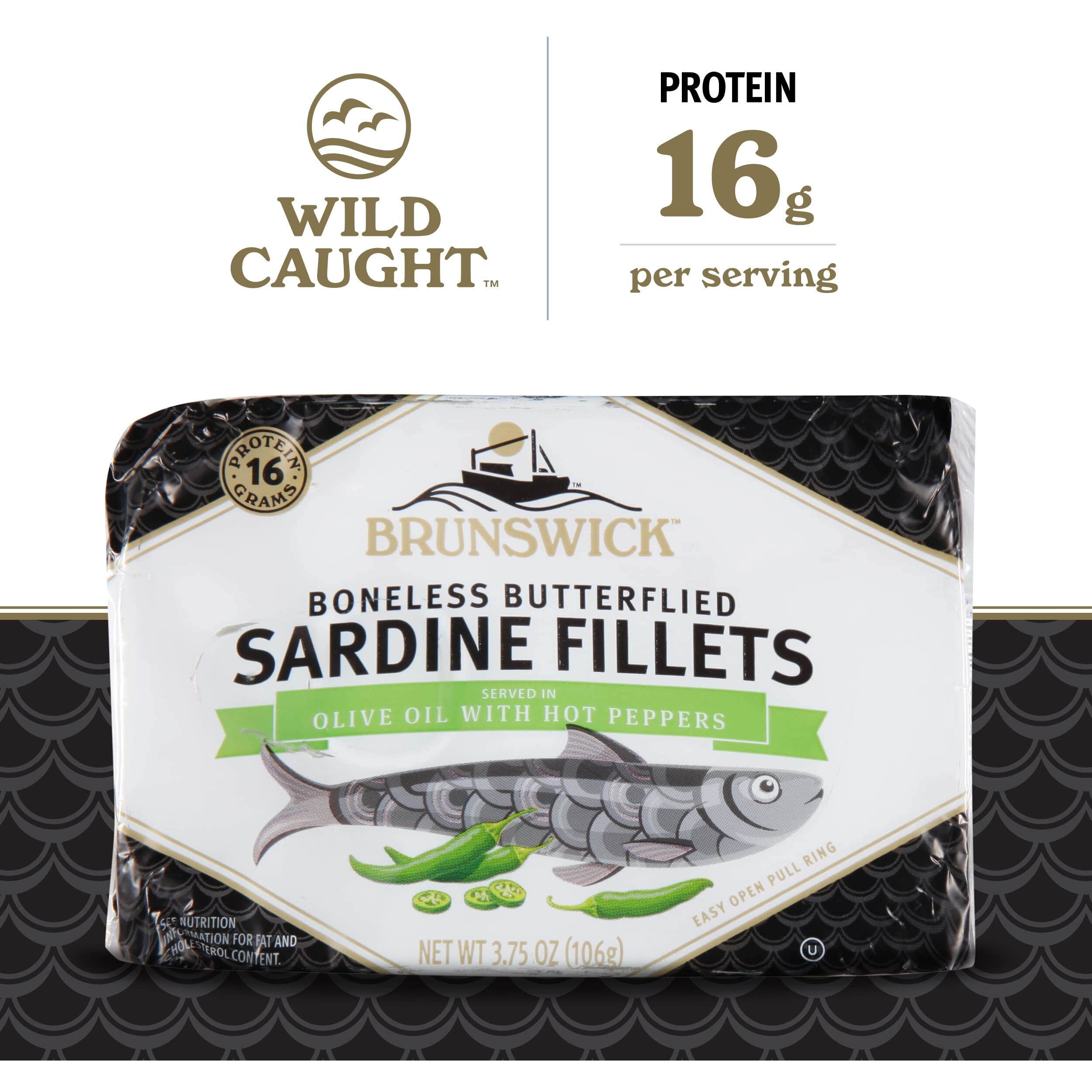 Brunswick Wild Caught Sardine Fillets In Hot Pepper, 3.75 Oz Can (Pack Of 12) - 16G Protein Per Serving - Gluten Free, Keto Friendly - Great For Pasta & Seafood Recipes