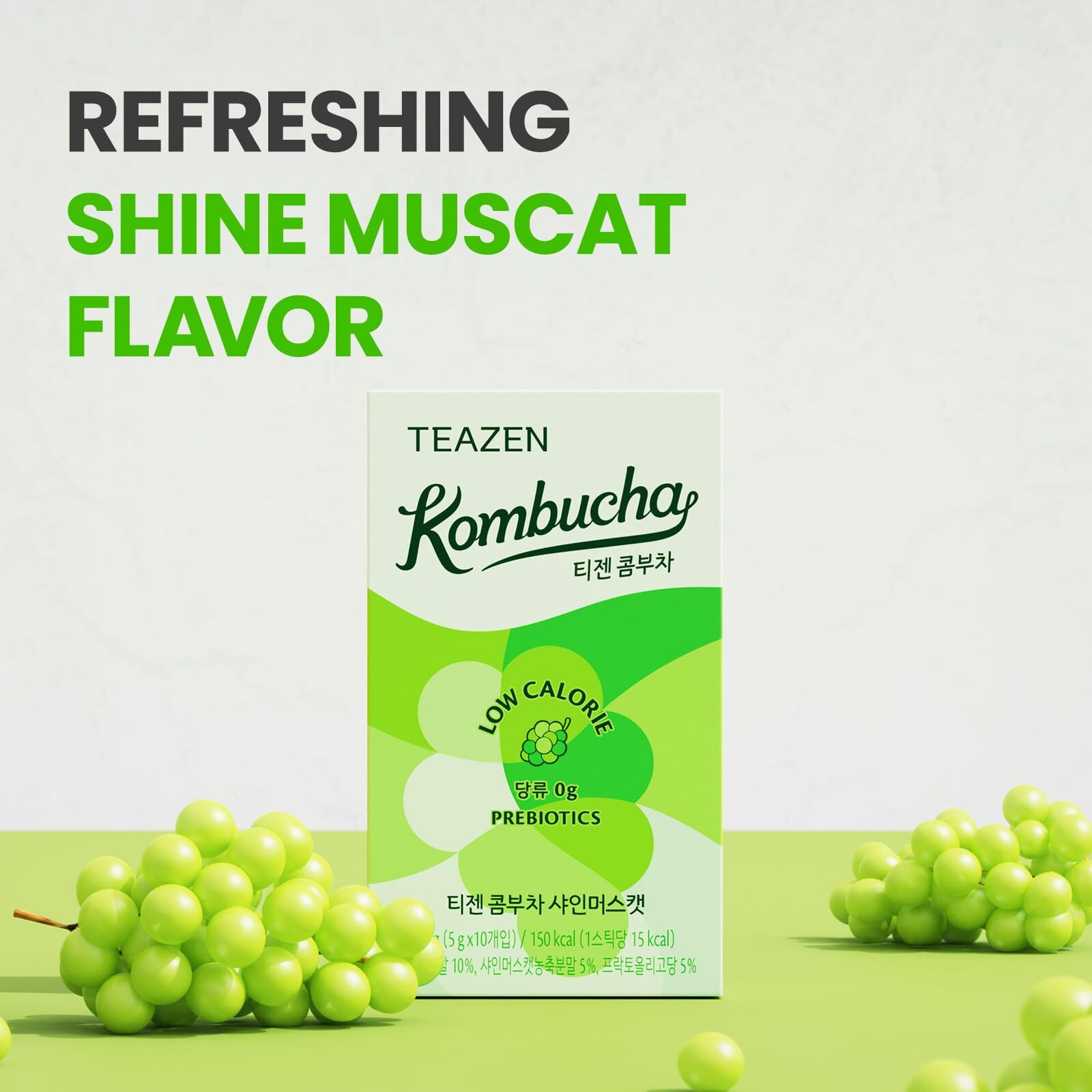 Teazen Shine Muscat Kombucha Tea, Electrolyte Powder & Hydration Drink Mix, Sugar Free, Live Probiotics & Prebiotics, 10 Sticks, 1.76Oz