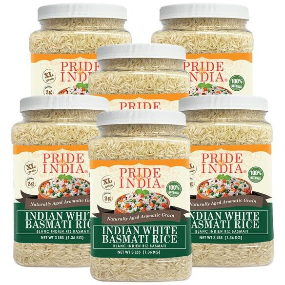 Pride Of India - Pack Of 6 - Extra Long Indian Basmati Rice, Naturally Aged Aromatic Grain, 3 Lbs Jar