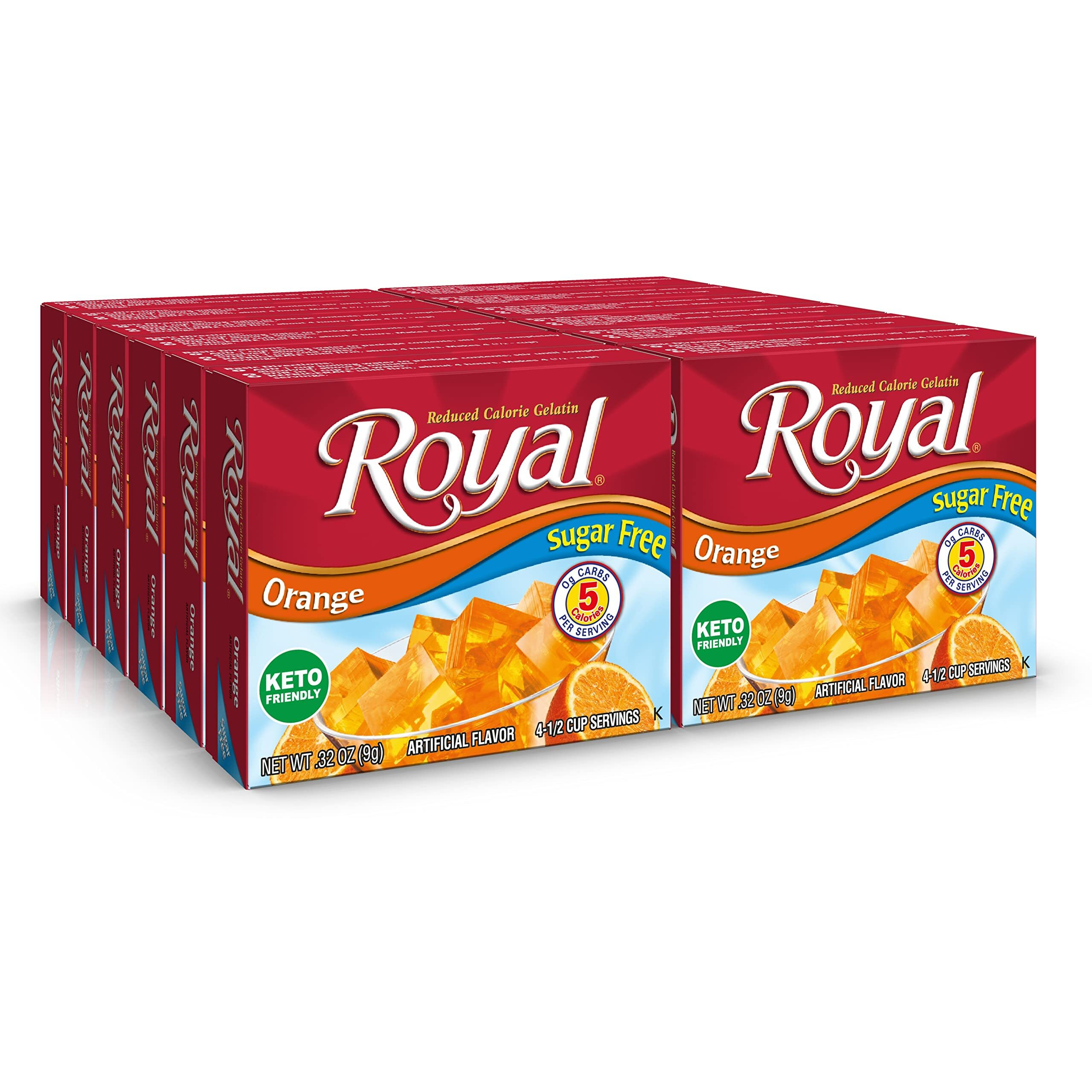Royal Orange Gelatin Dessert Mix, Sugar Free And Carb Free .32Oz Boxes (Pack Of 12)