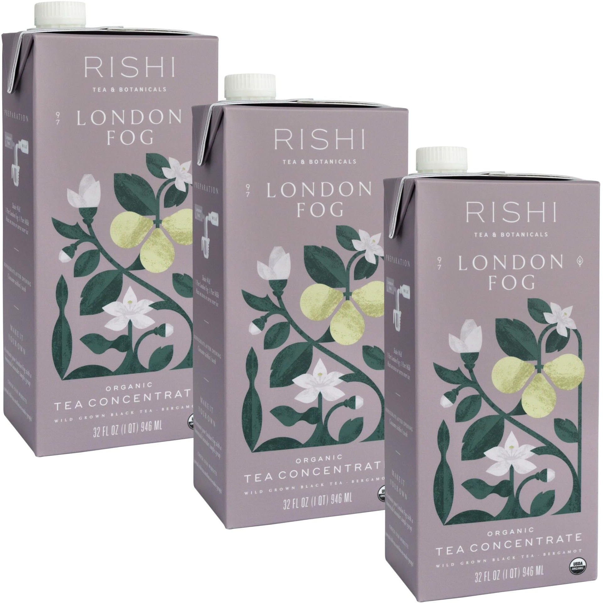 Rishi Tea London Fog Latte, Organic Black Tea Concentrate With Bergamot, Easy-To-Serve Hot Or Iced Earl Grey Tea Mix - 32 Fl Oz Carton, 8 Servings (Pack Of 3)