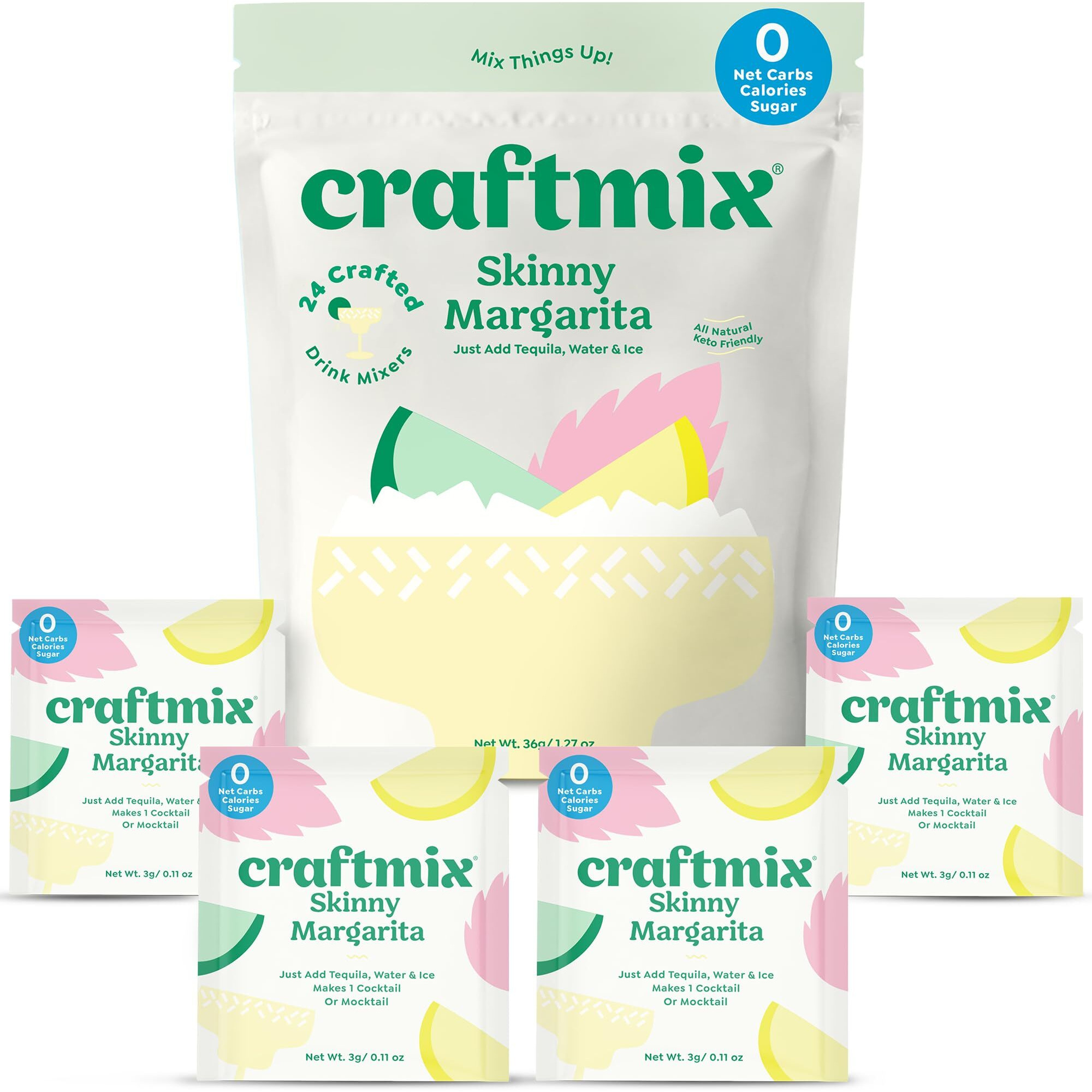 Craftmix Skinny Margarita Cocktail Mixers - Makes 24 Drinks - Zero Sugar, Zero Net Carbs, Zero Calories, All-Natural Mocktail Drink Mixers - Real Fruit - Vegan, Non-Gmo, Dairy Free, Gluten Free