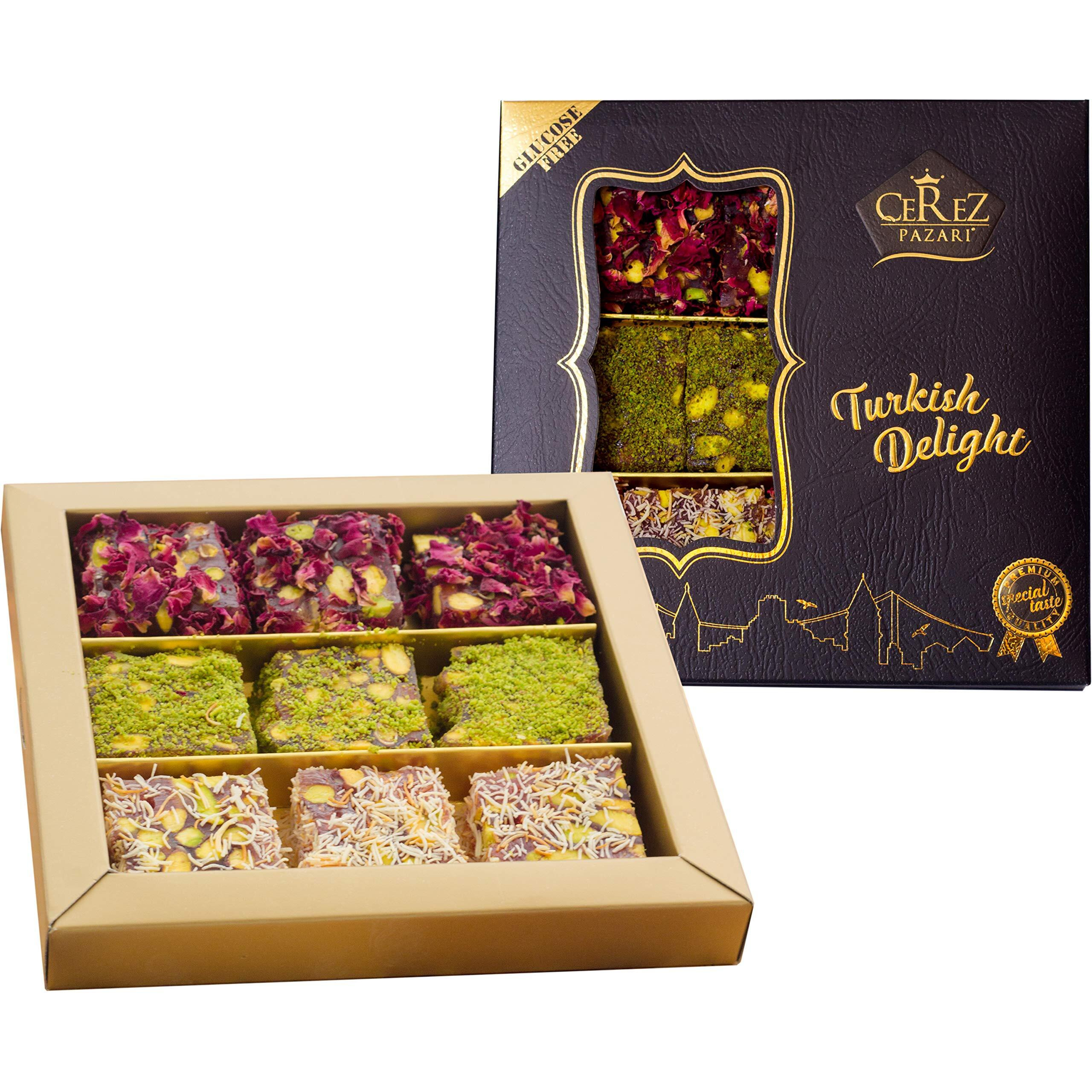 Cerez Pazari Turkish Delight Pistachio With Fantastic Rose & Pomegranate Flavour Experience In Luxury Gift Box 8.8 Oz | Assorted Gourmet Soft Candy, Sweet Vegan Traditional Lokum (Loukoumi) (9-11 Pcs)