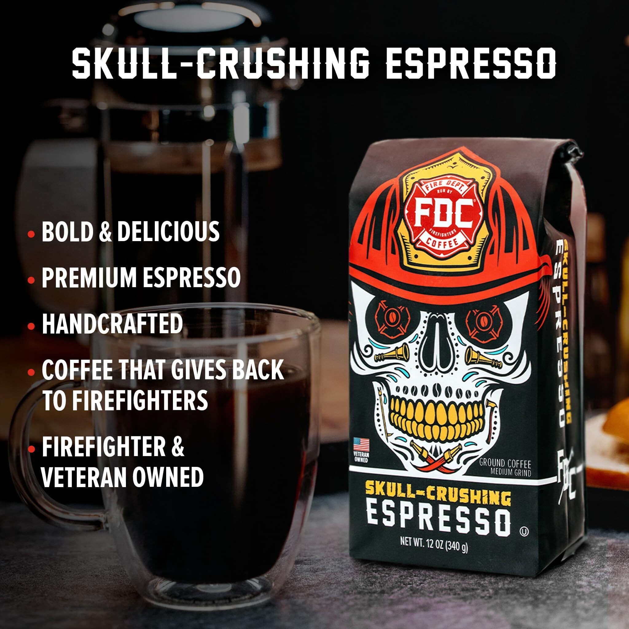 Fire Department Coffee - Gives Back To Firefighters - Full-Bodied & Bold Skull Crushing Espresso Ground Coffee - Roasted In The Usa - Handcrafted With Premium Coffee Beans - Veteran Owned - 12 Oz