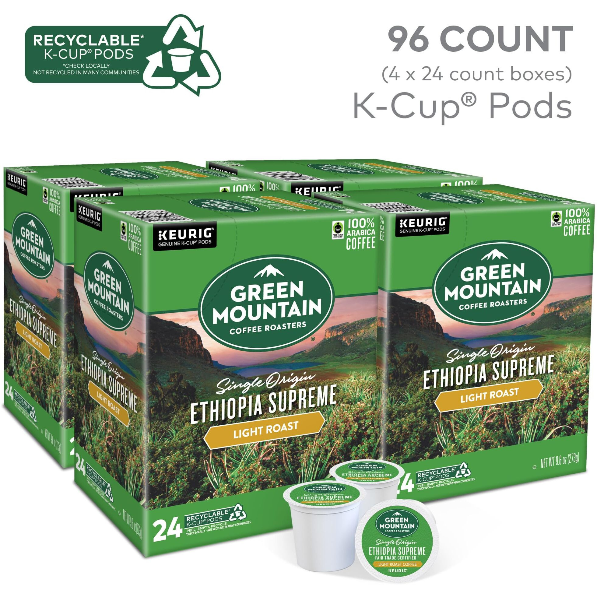 Green Mountain Coffee Roasters Ethiopia Supreme, Single-Serve Keurig K-Cup Pods, Light Roast Coffee, 96 Count
